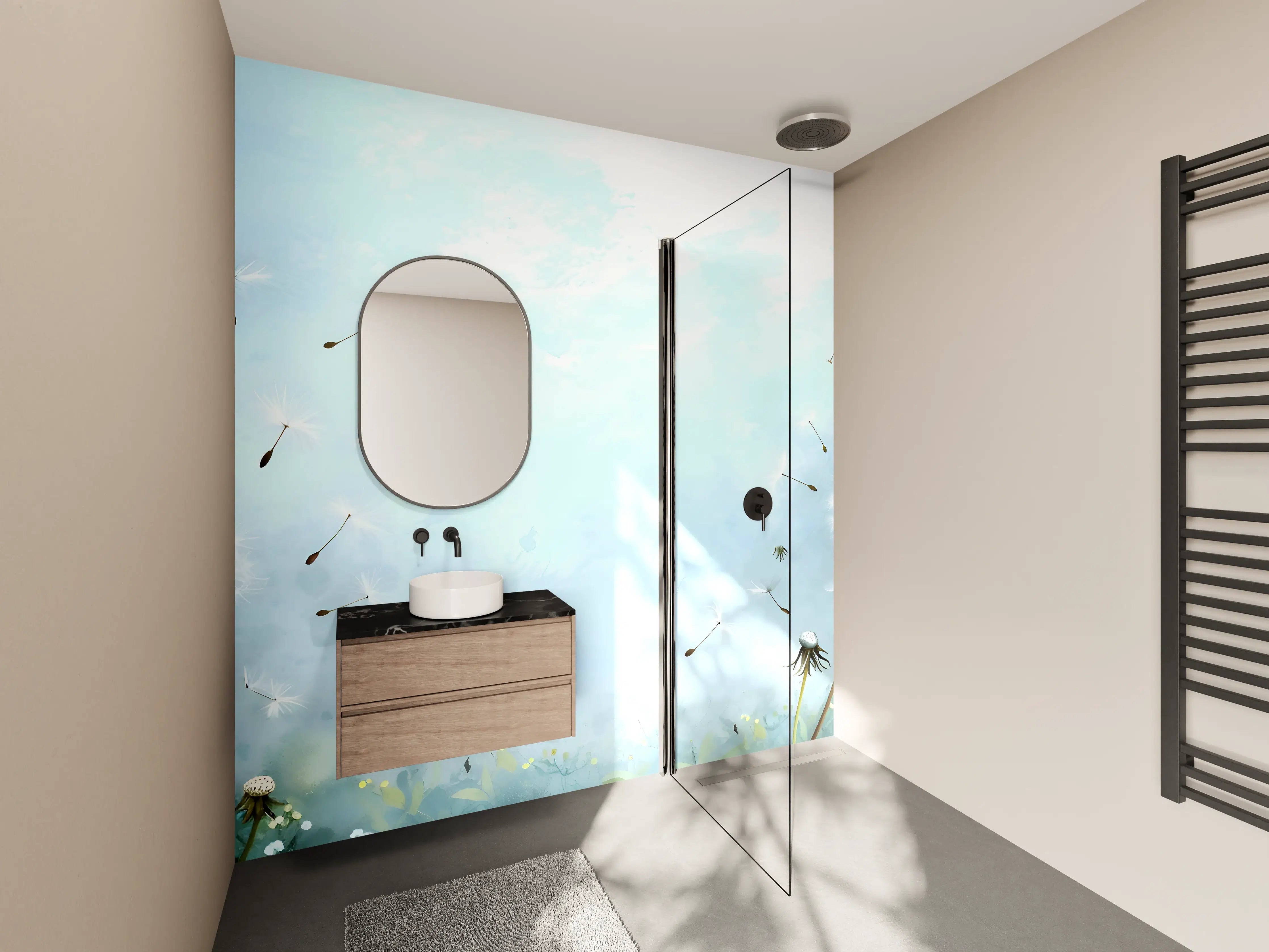 Wandverkleidung Bad - Pusteblumen im blauen Himmel