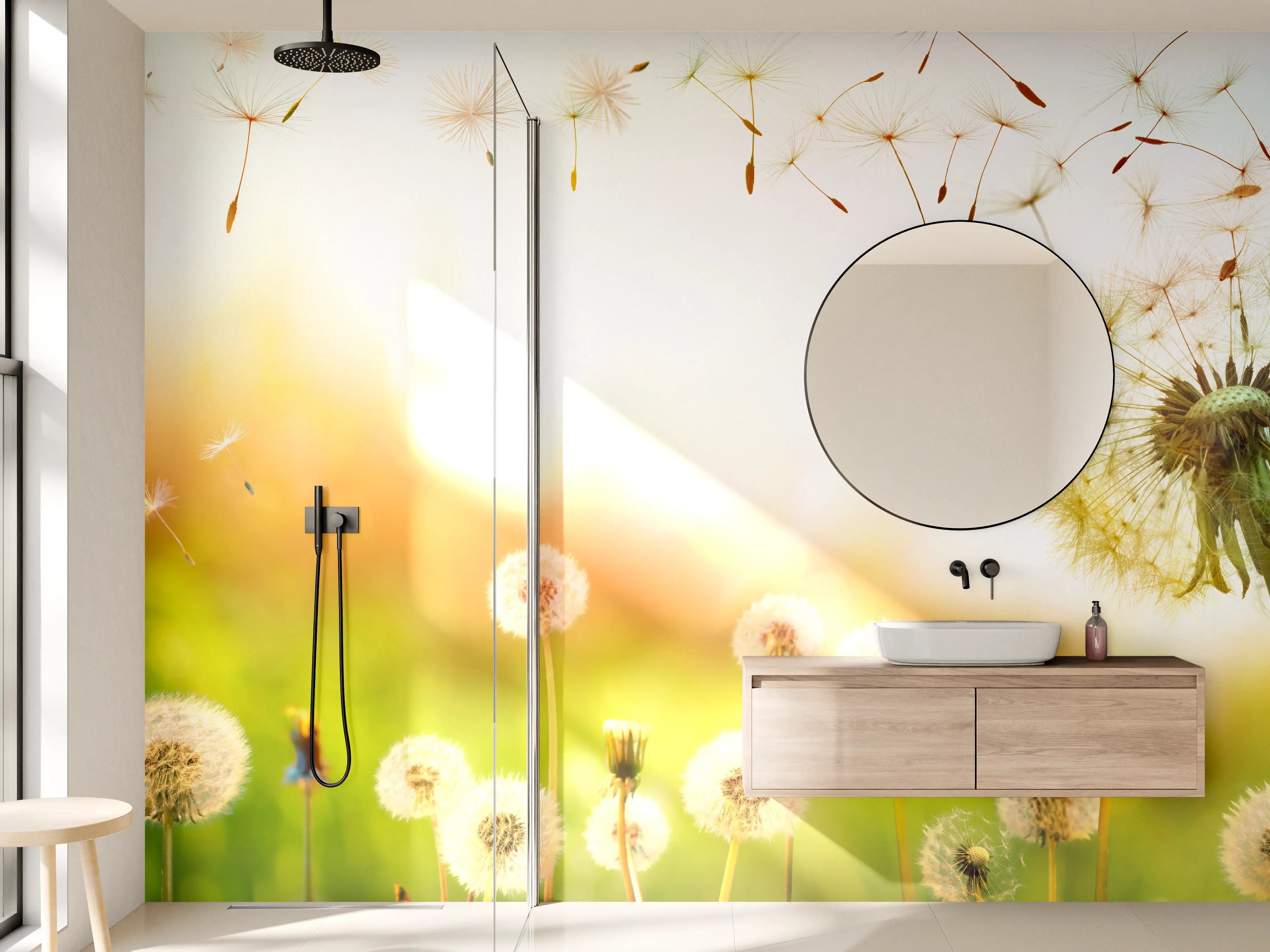 Wandverkleidung Bad - Pusteblumen im goldenen Licht