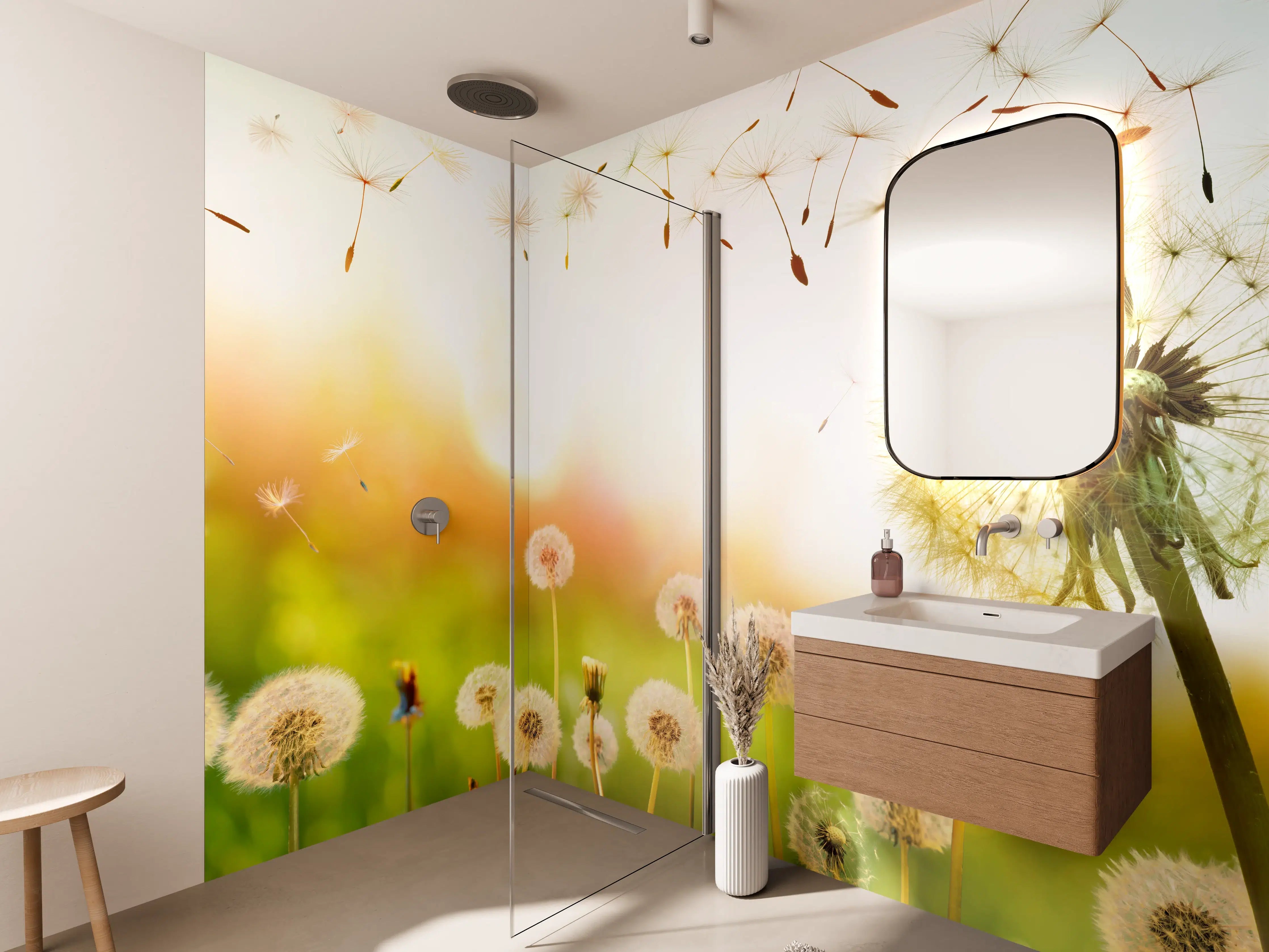 Wandverkleidung Bad - Pusteblumen im goldenen Licht