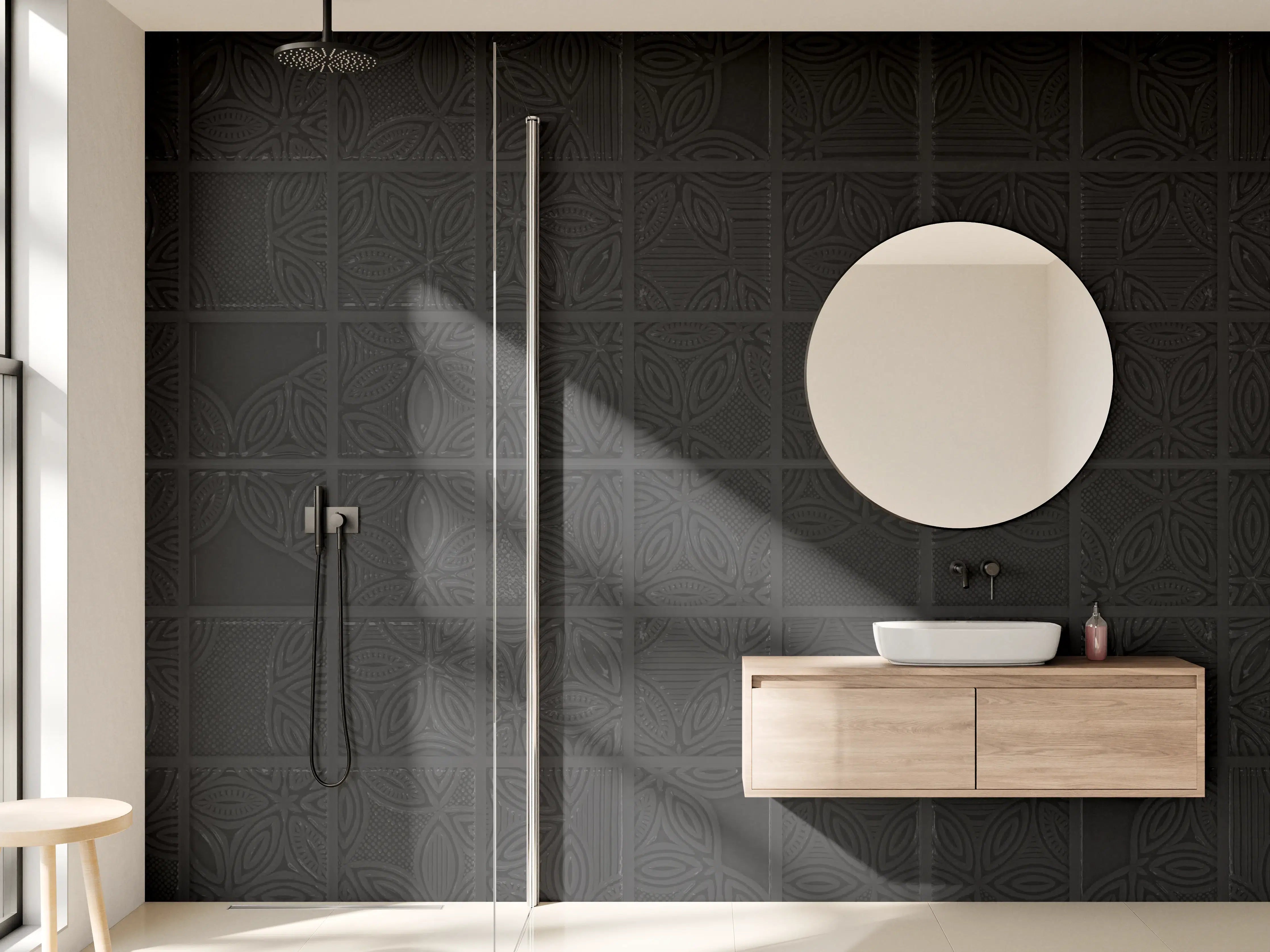 Wandverkleidung Bad - Quadratische schwarze Fliesen