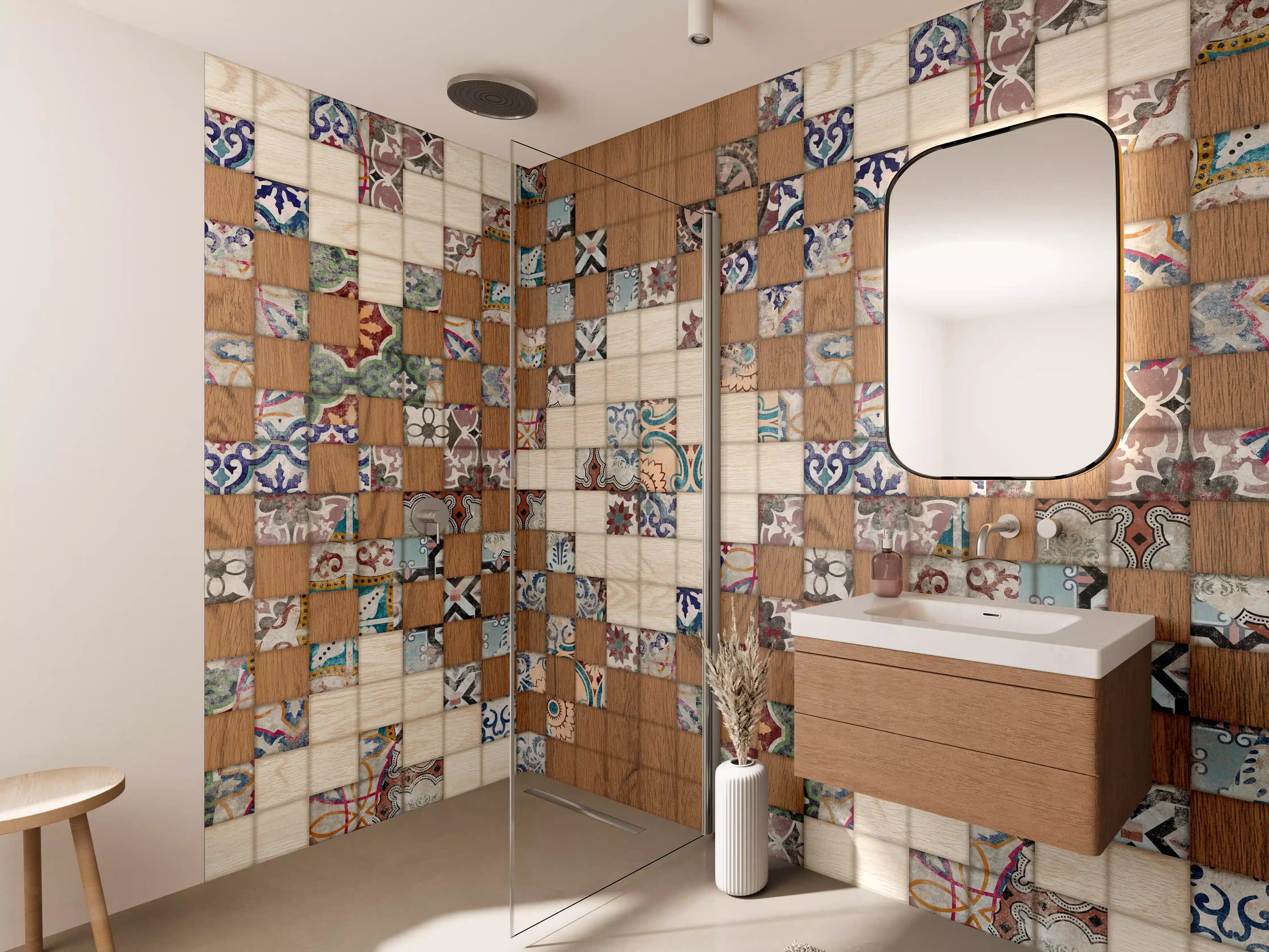 Wandverkleidung Bad - Retro Mosaik Holztextur