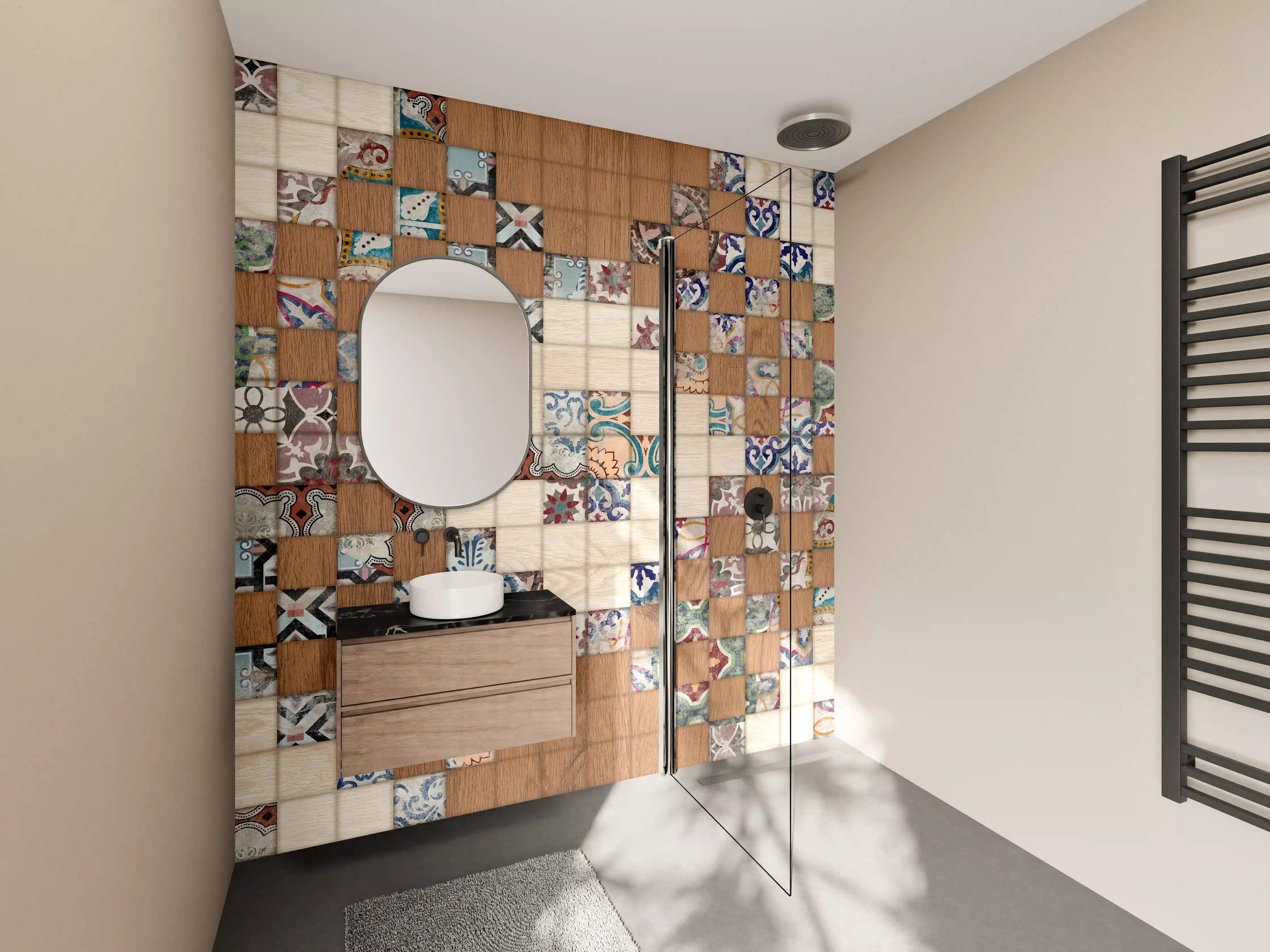Wandverkleidung Bad - Retro Mosaik Holztextur