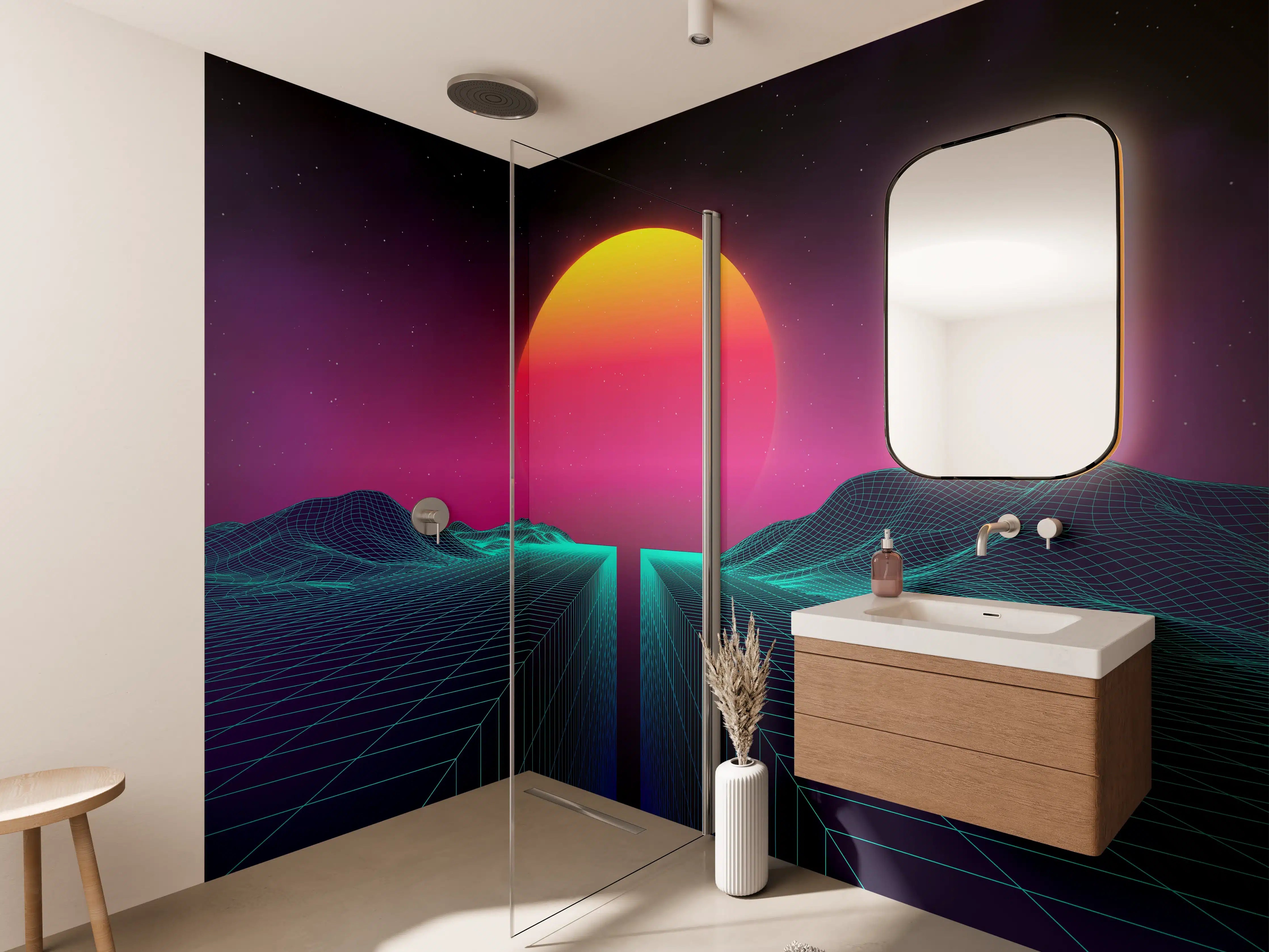 Wandverkleidung Bad - Retro Sci-Fi Cyber-Landschaft
