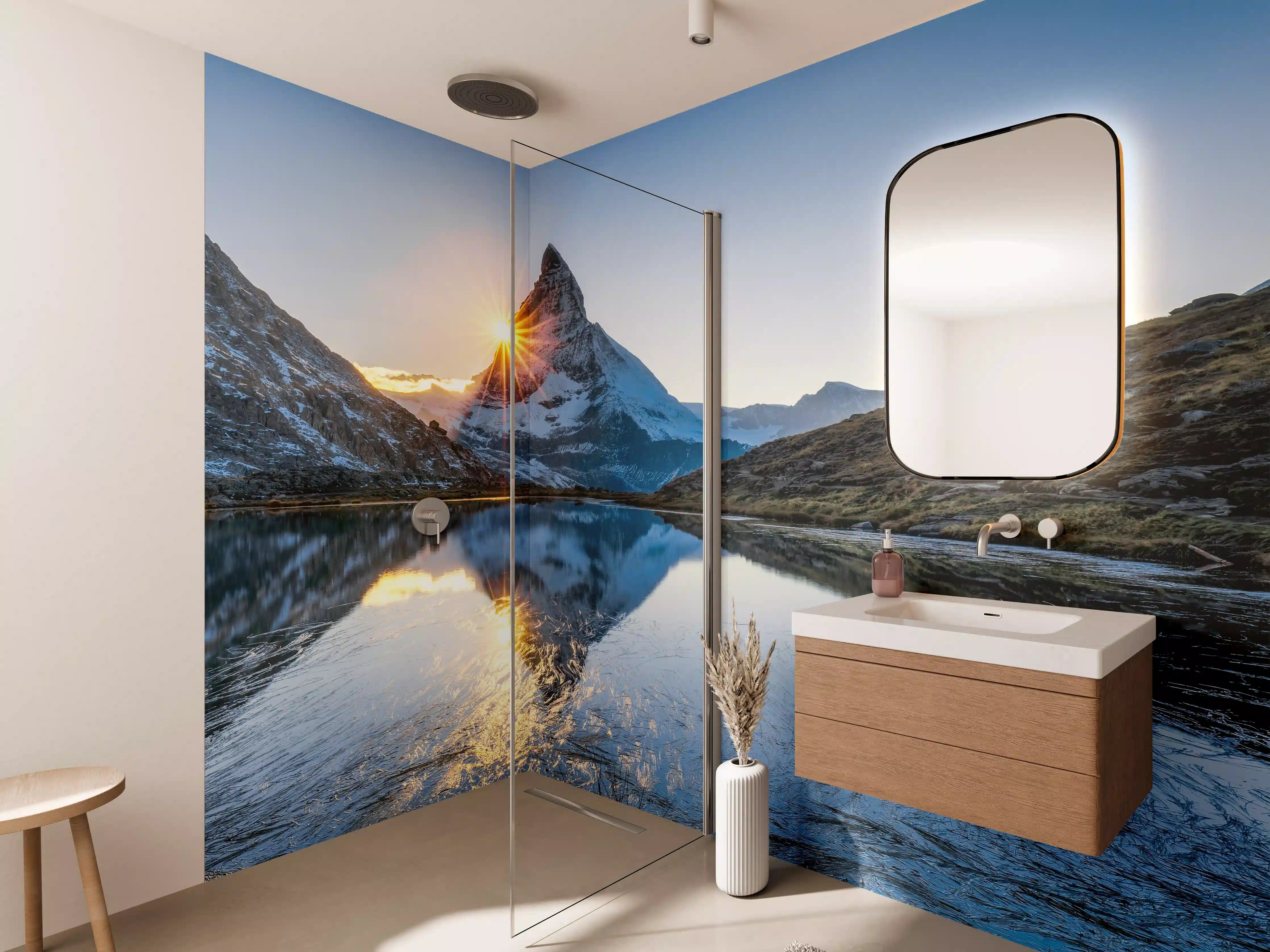 Wandverkleidung Bad - Riffelsee und Matterhorn in den Alpen