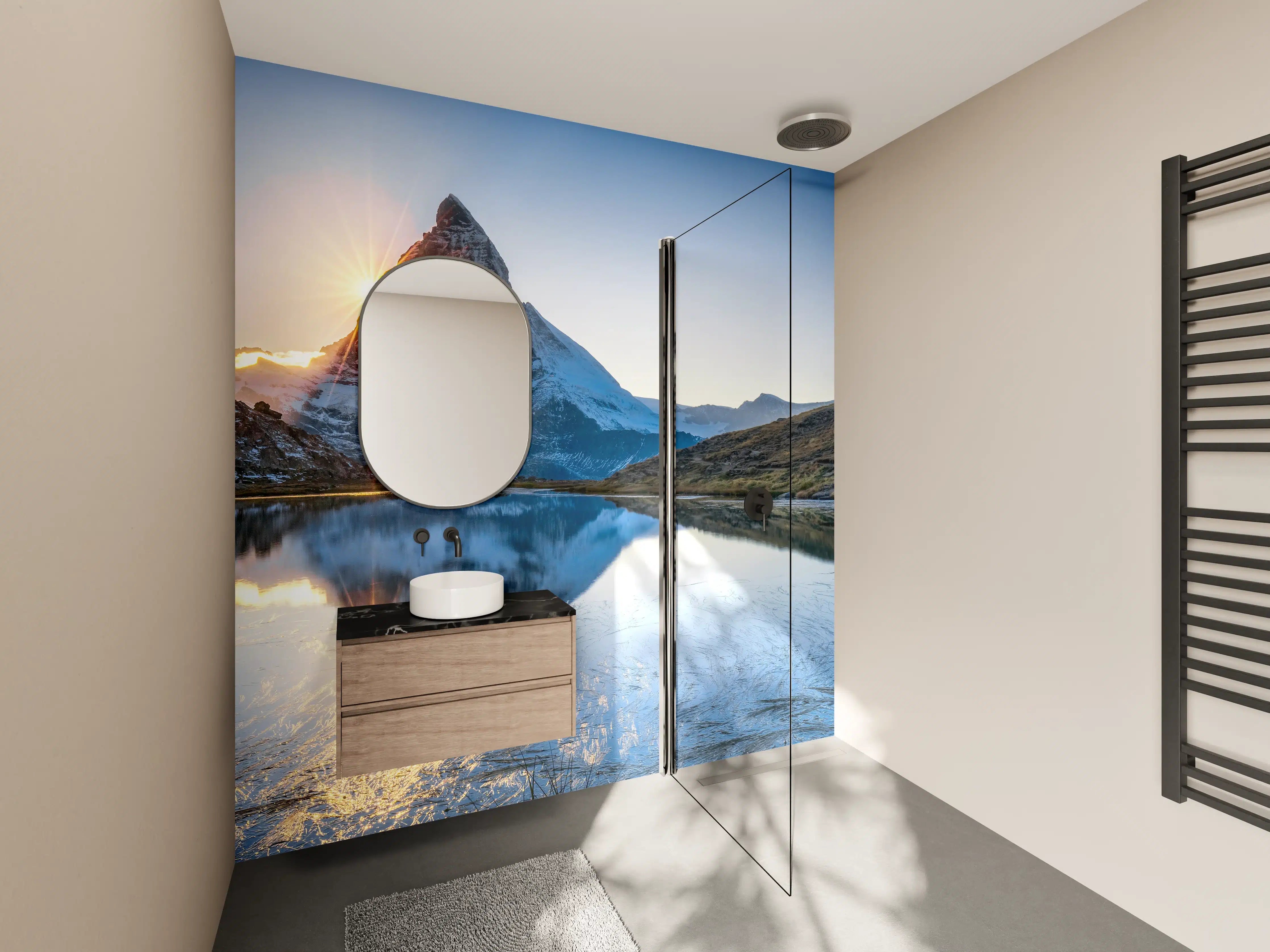 Wandverkleidung Bad - Riffelsee und Matterhorn in den Alpen