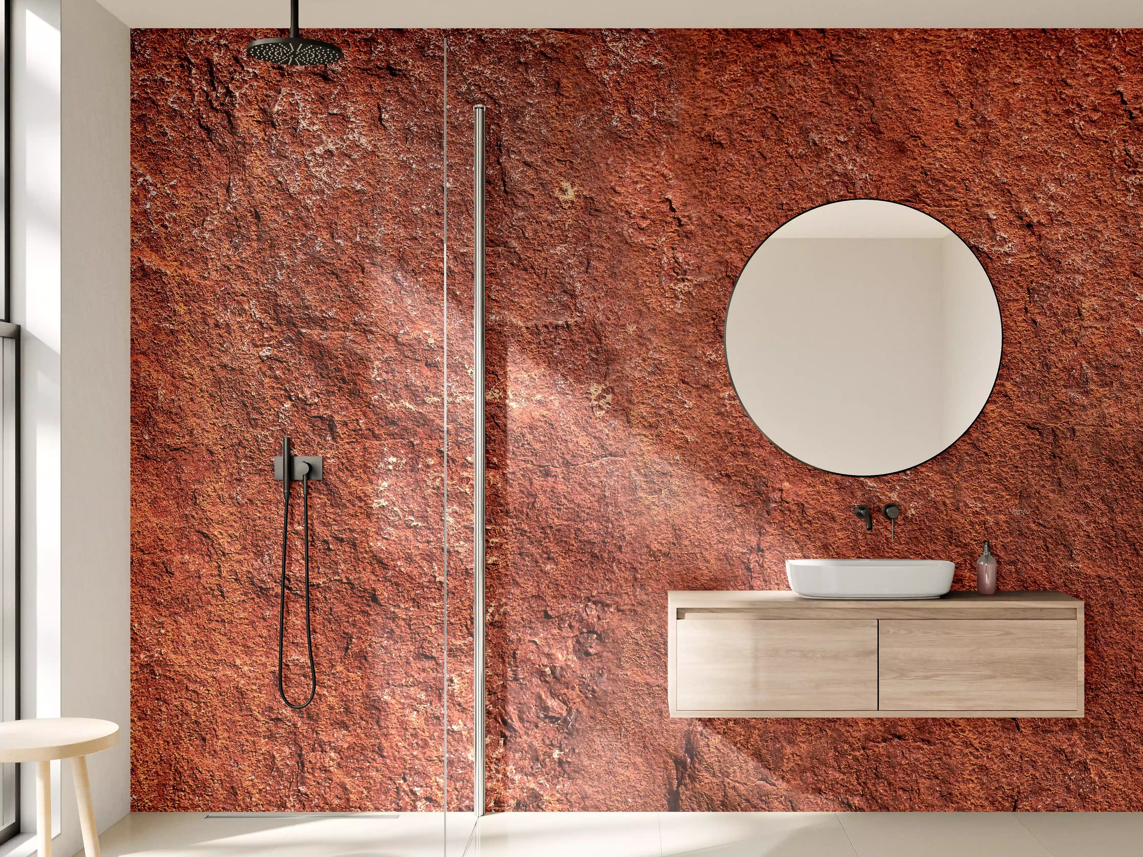 Wandverkleidung Bad - Rötliche Steinstruktur mit natürlicher Oberfläche
