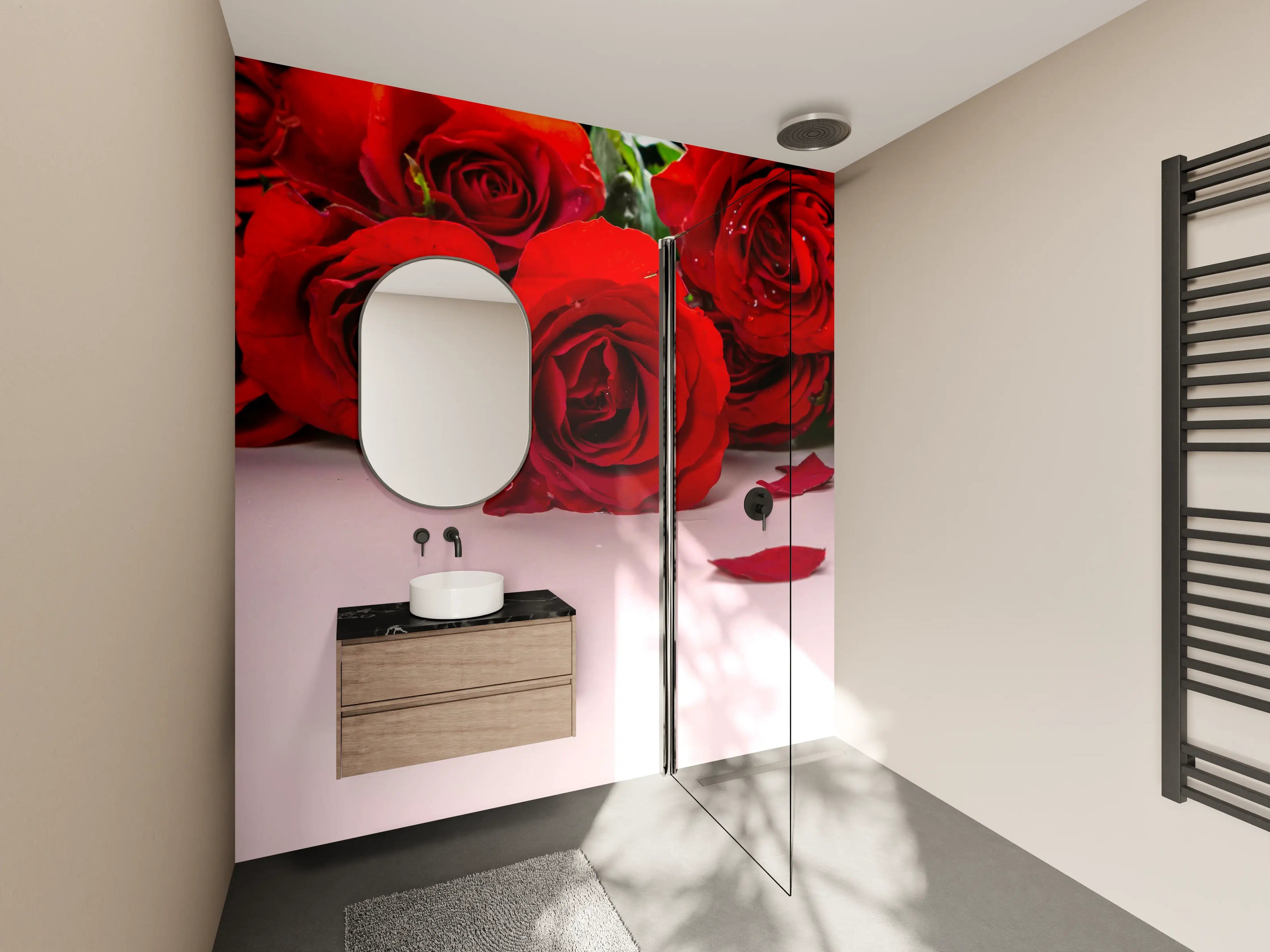 Wandverkleidung Bad - Roose im Vordergrund, klassische Eleganz