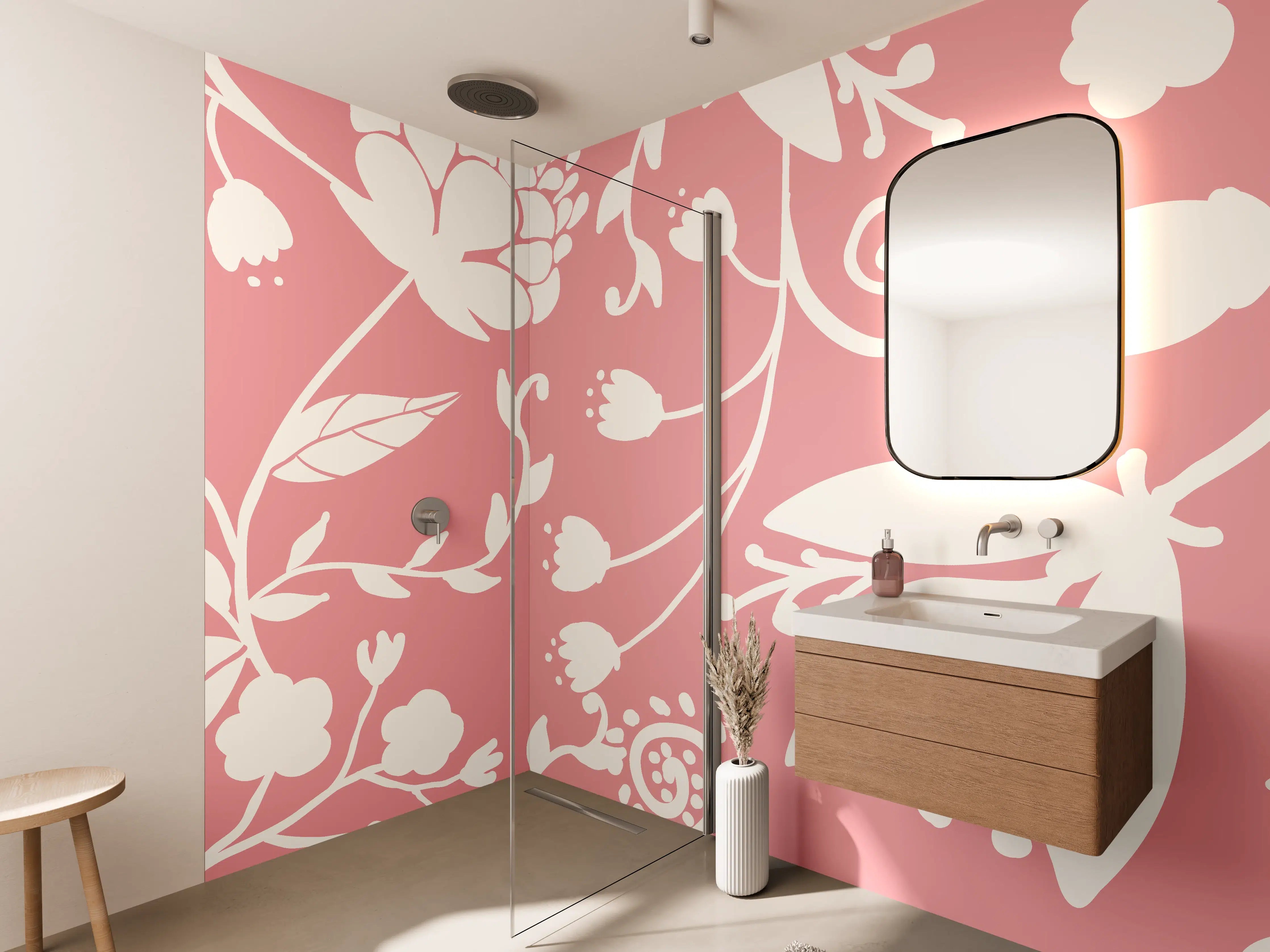 Wandverkleidung Bad - Rosa Blütenmuster Wanddesign