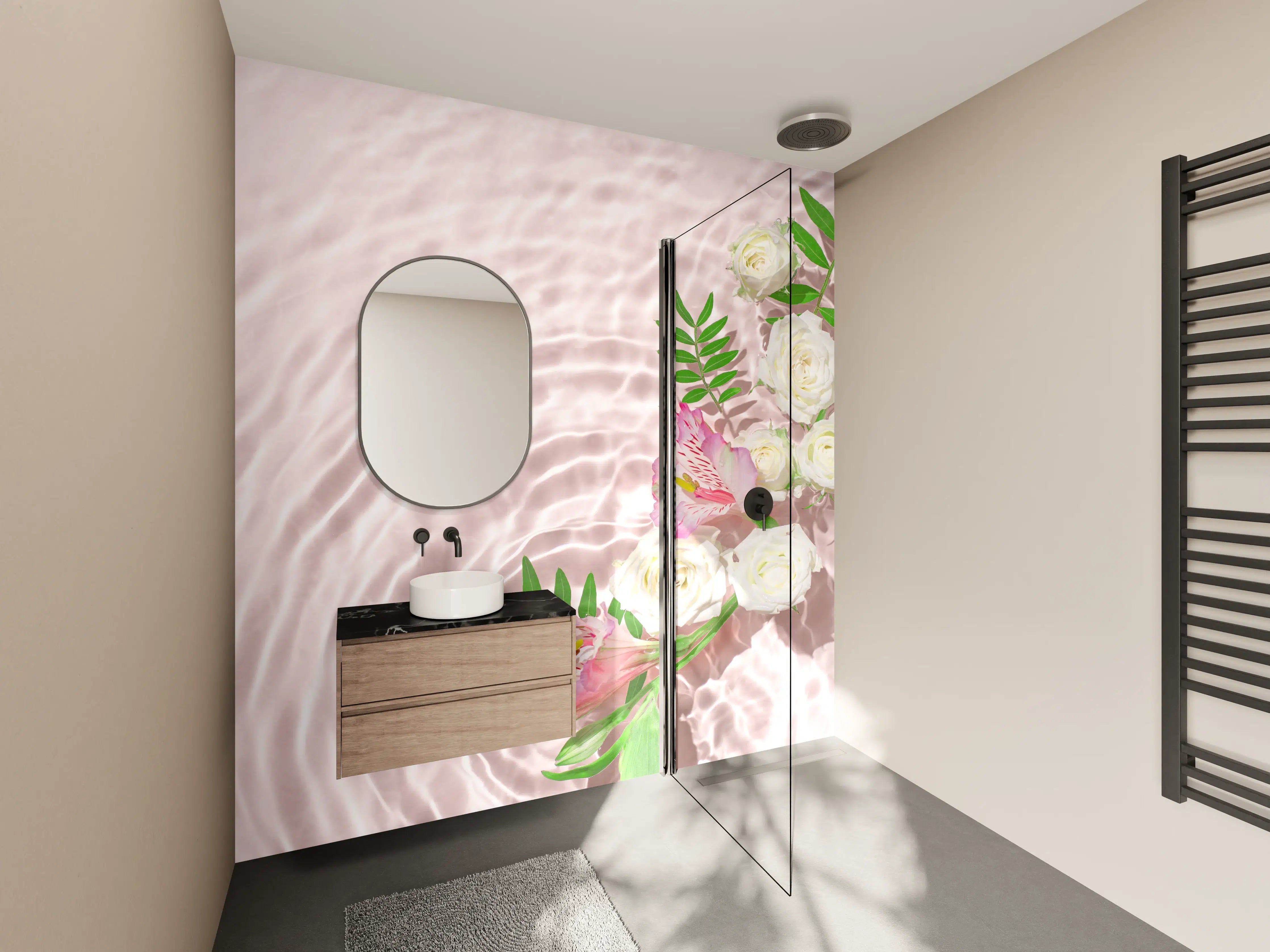 Wandverkleidung Bad - Rosa Blumen auf Wasser