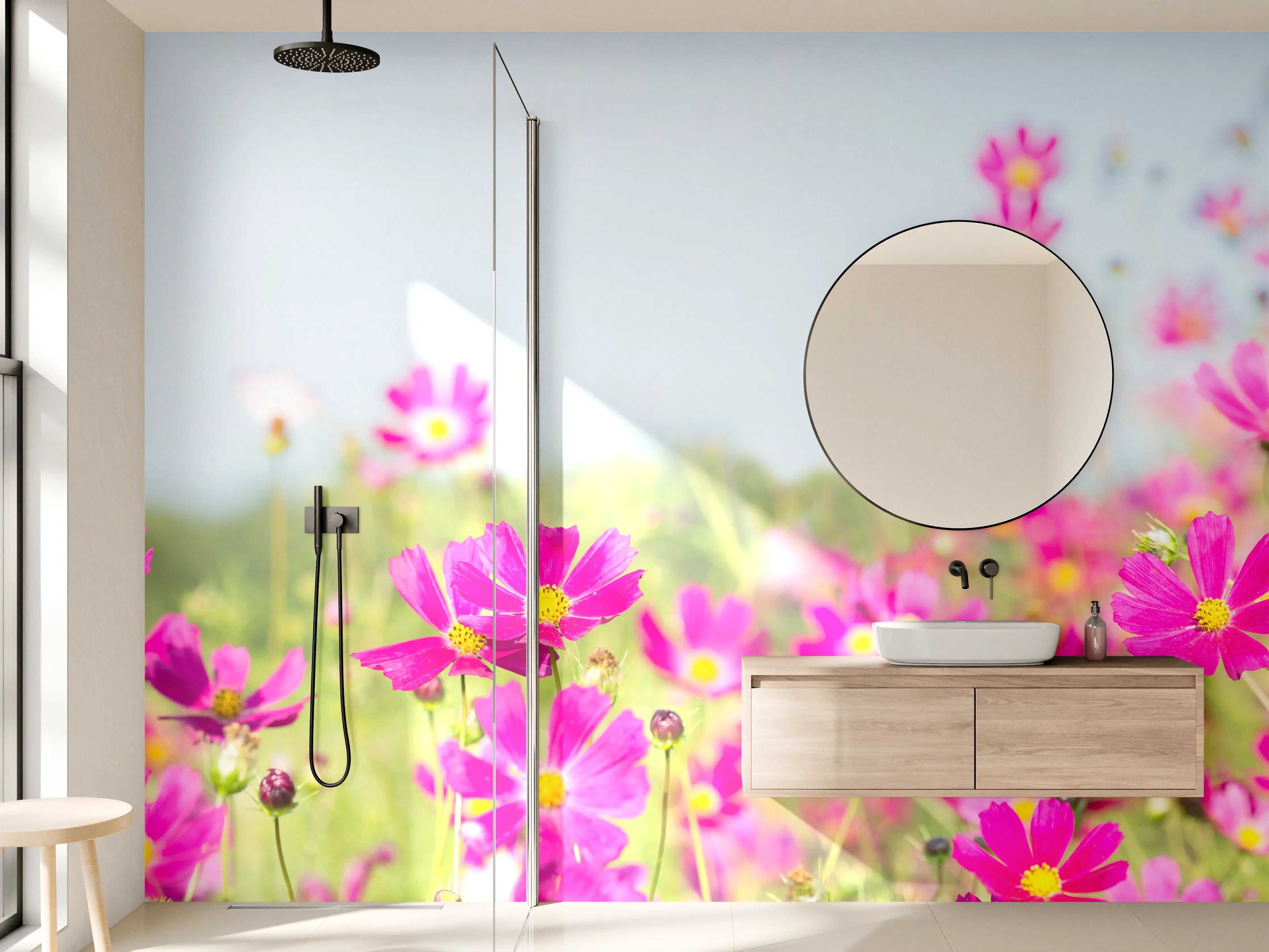 Wandverkleidung Bad - Rosa Blumenwiese Panorama