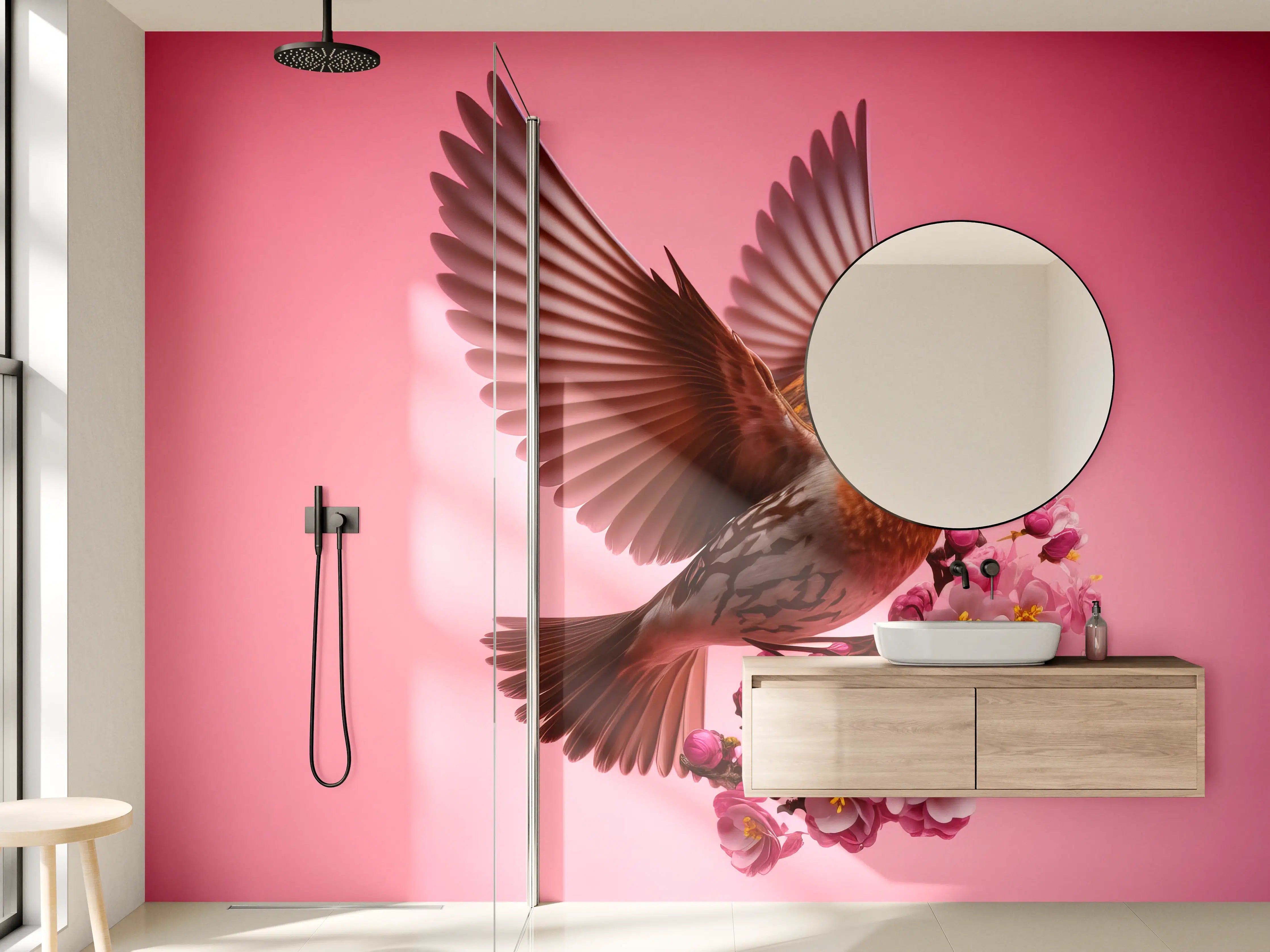 Wandverkleidung Bad - Rosa Kirschblüten Vogelflug