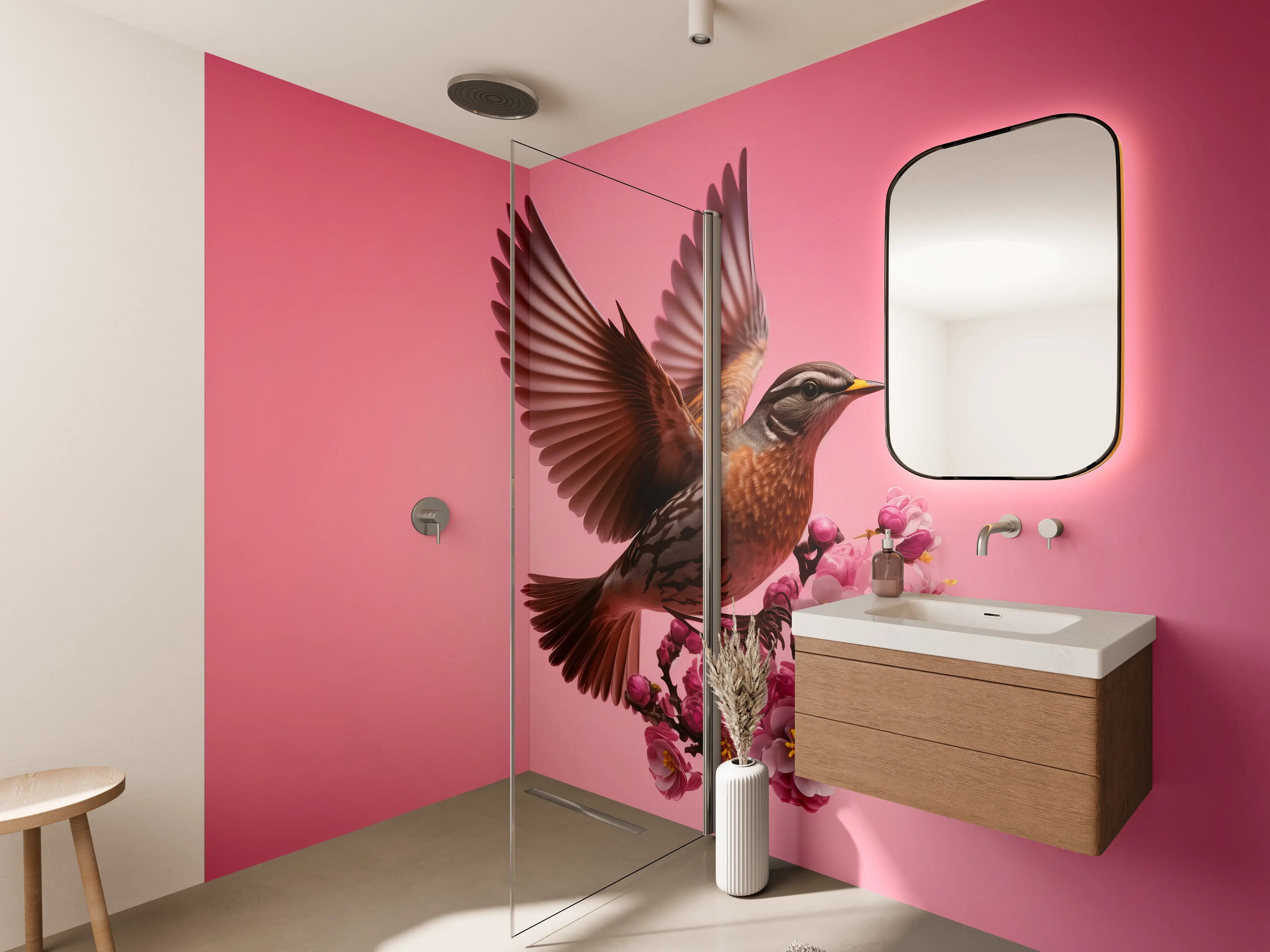 Wandverkleidung Bad - Rosa Kirschblüten Vogelflug