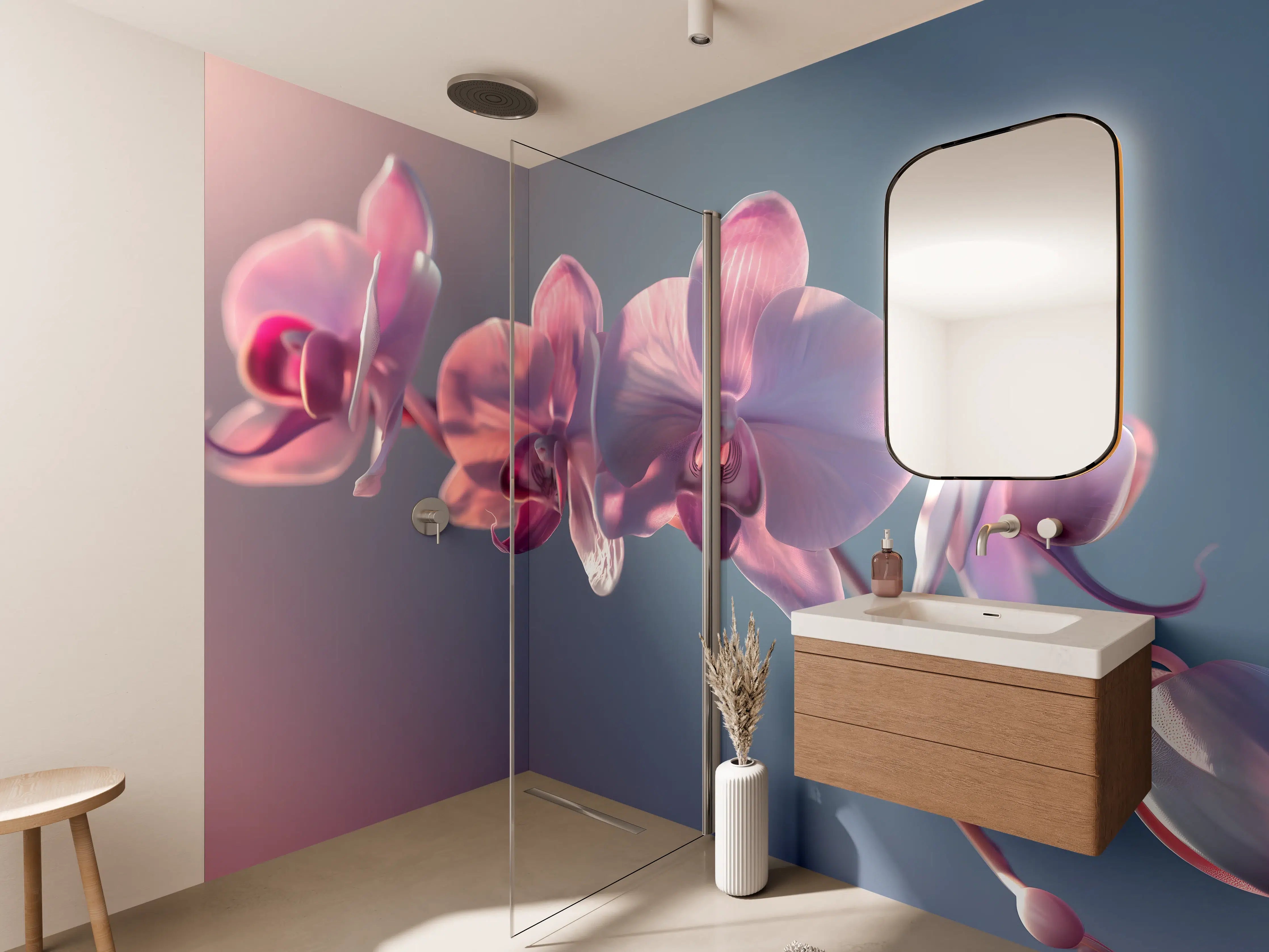 Wandverkleidung Bad - Rosa Orchideen auf Blau