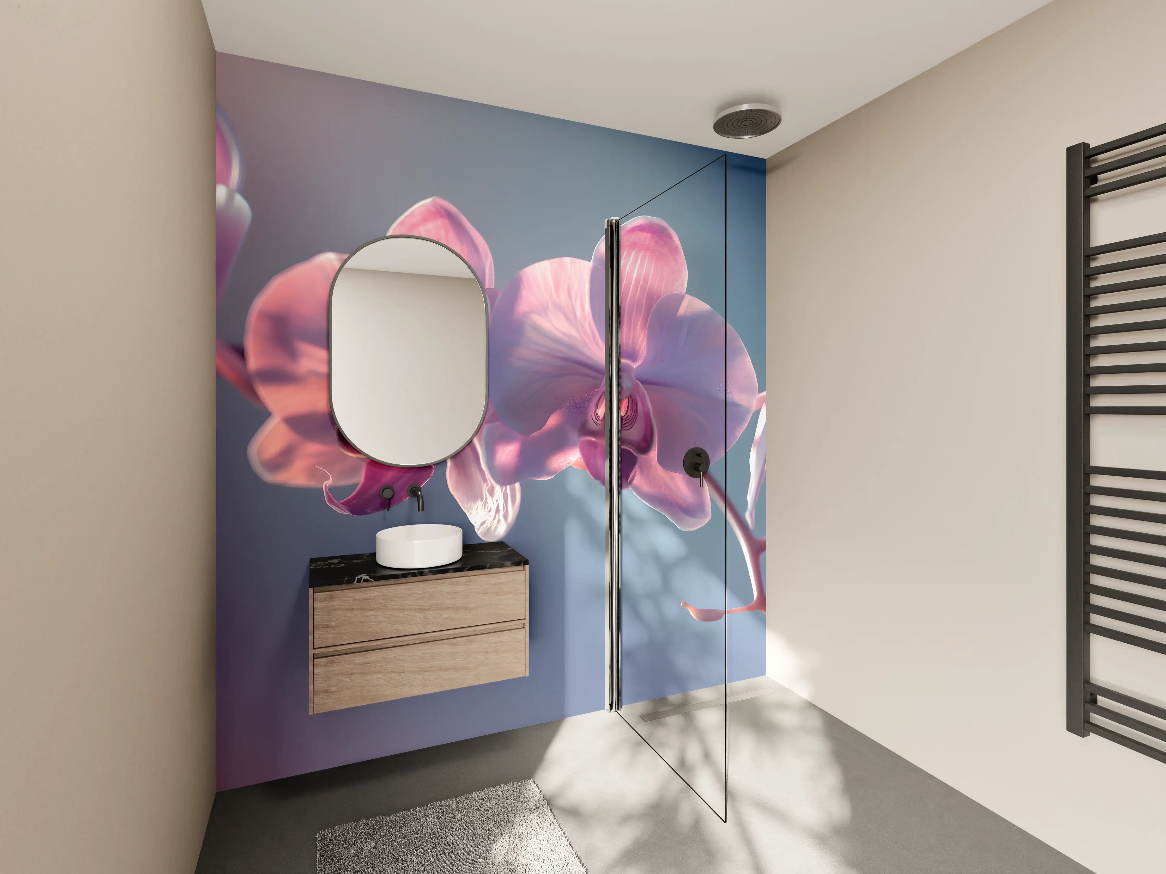 Wandverkleidung Bad - Rosa Orchideen auf Blau
