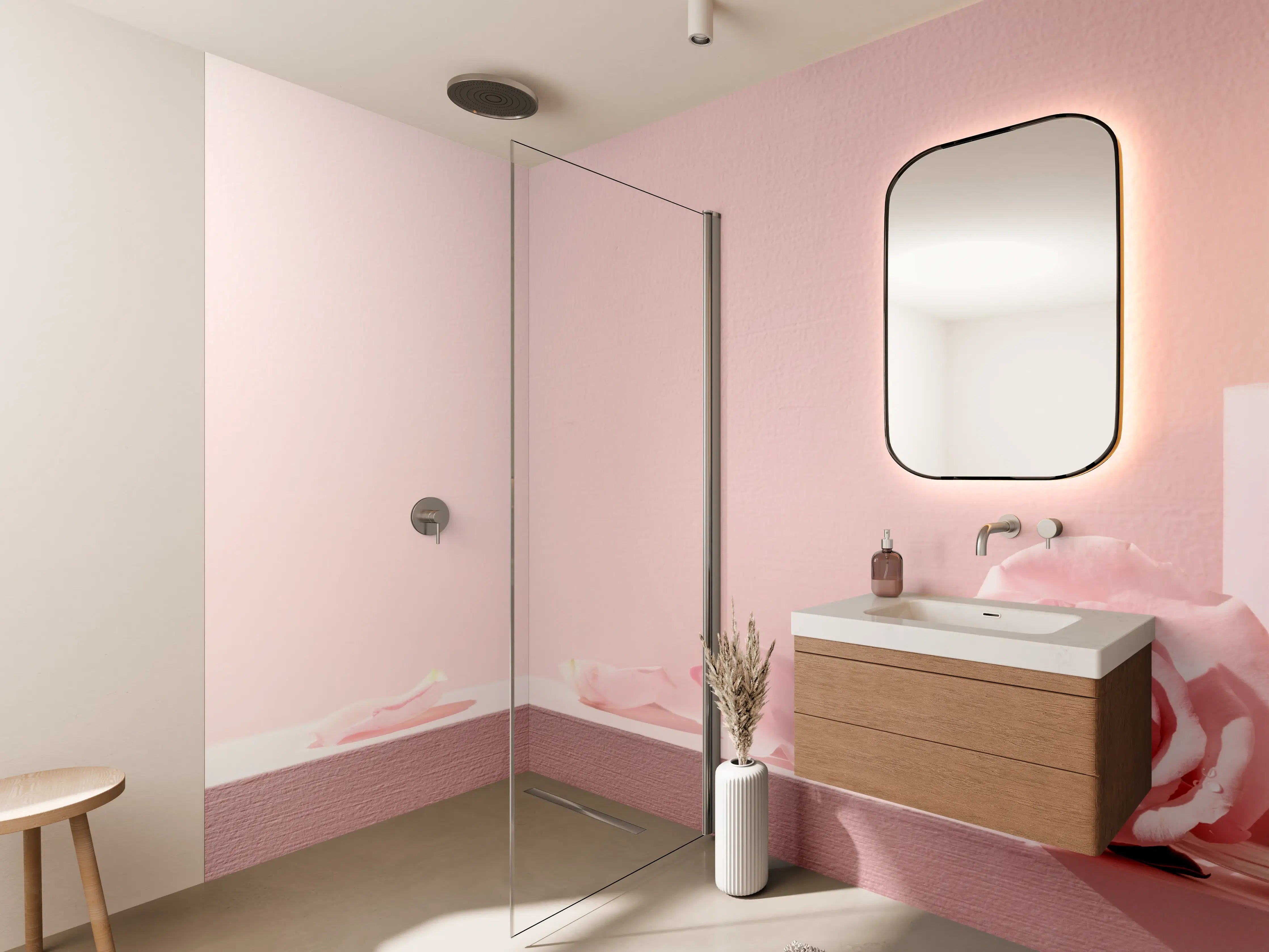 Wandverkleidung Bad - Rosa Rosen und Kerze auf einem rosa Hintergrund