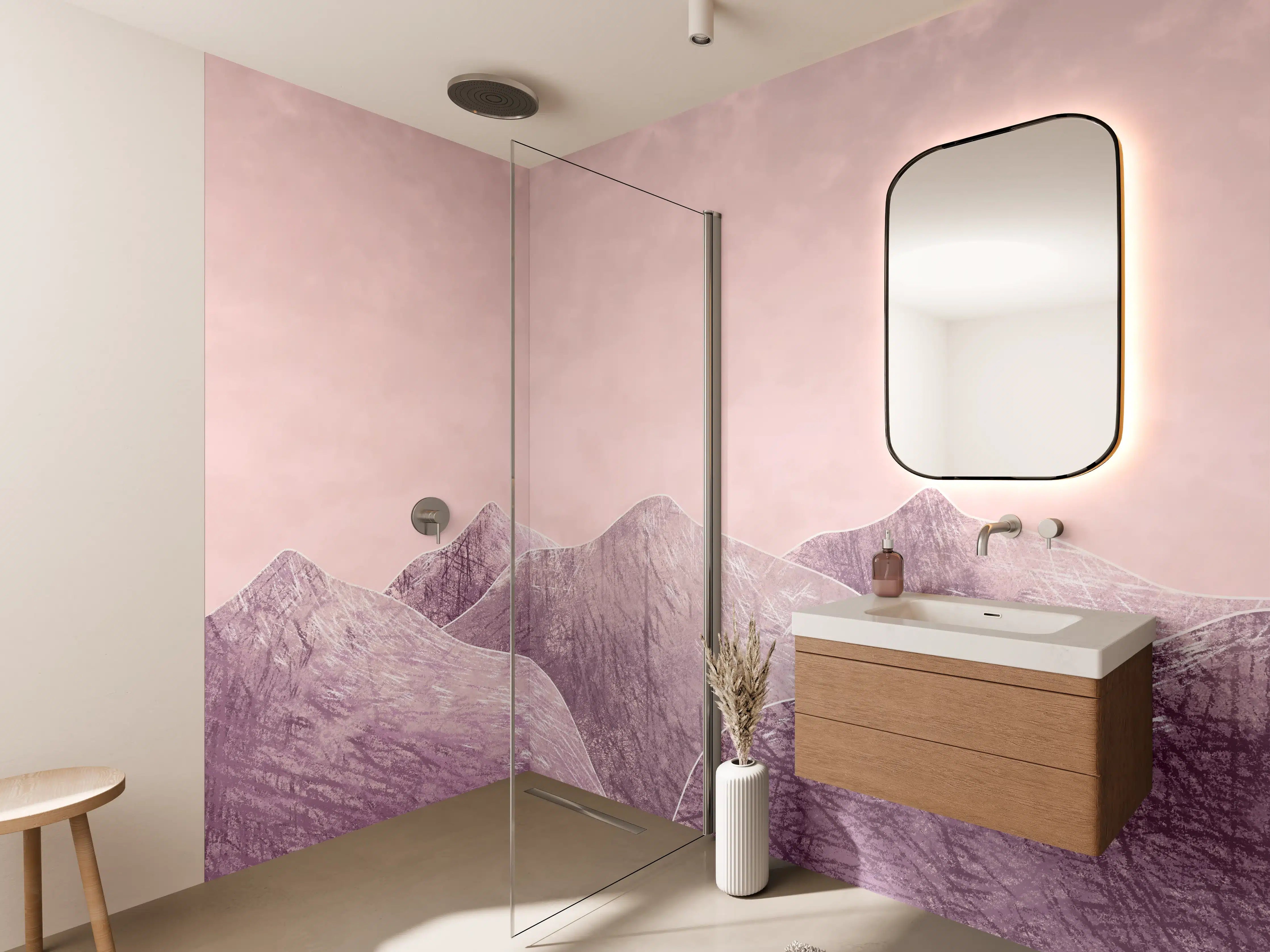 Wandverkleidung Bad - Rosa-lilane Berglandschaft - Kunstmalerei