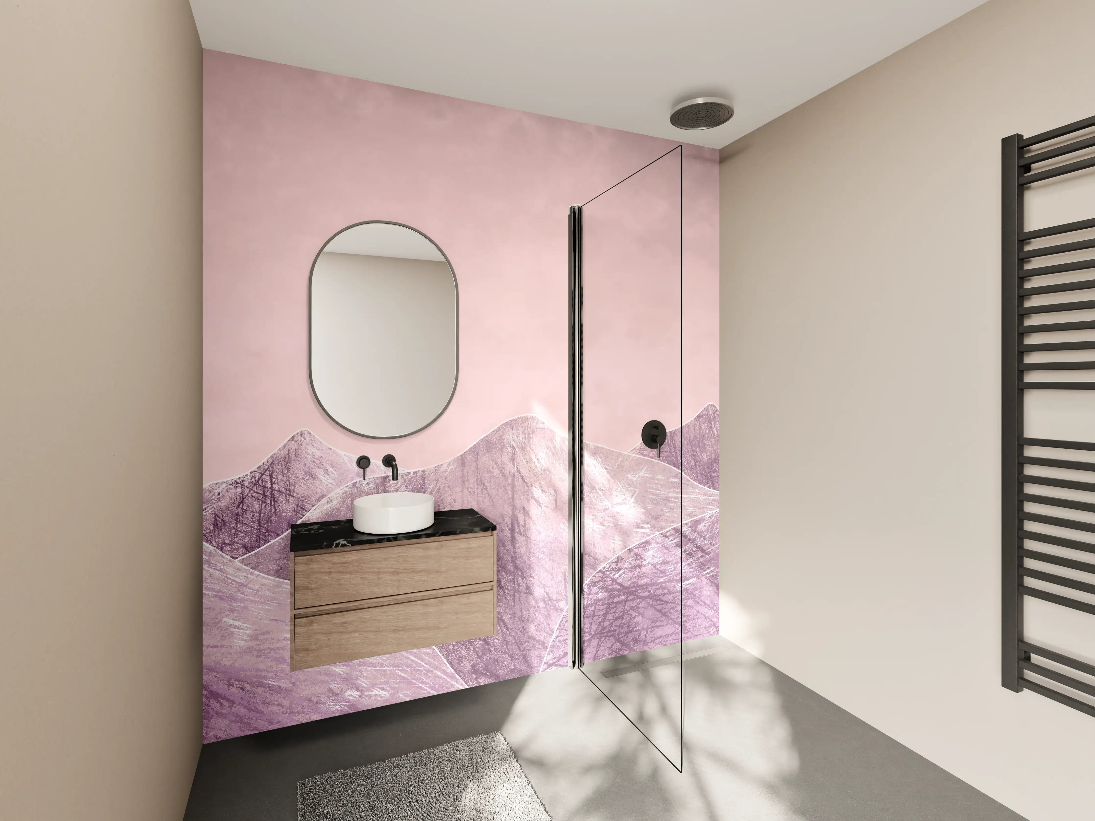 Wandverkleidung Bad - Rosa-lilane Berglandschaft - Kunstmalerei
