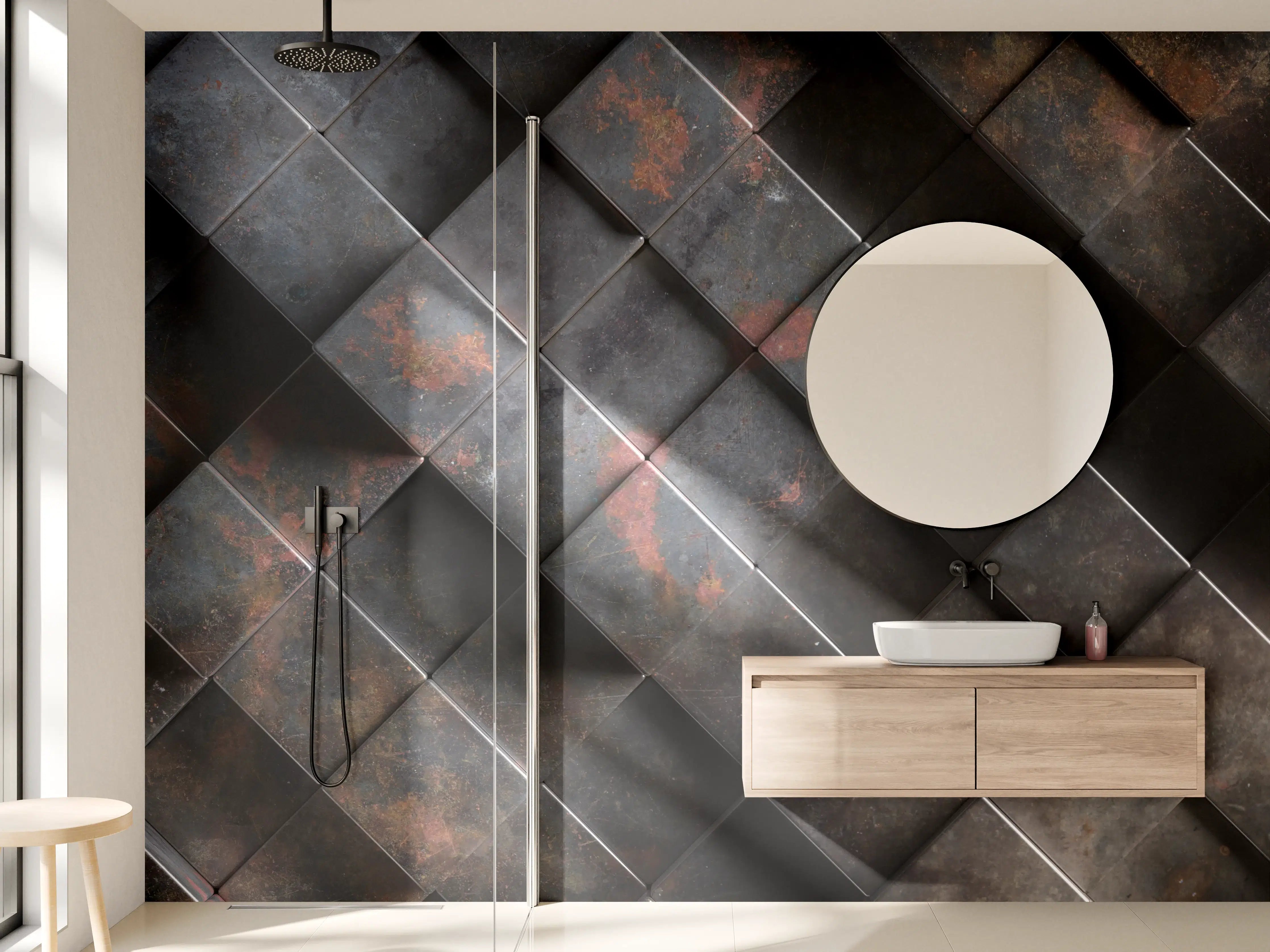 Wandverkleidung Bad - Rostige Metalloptik Würfelmuster