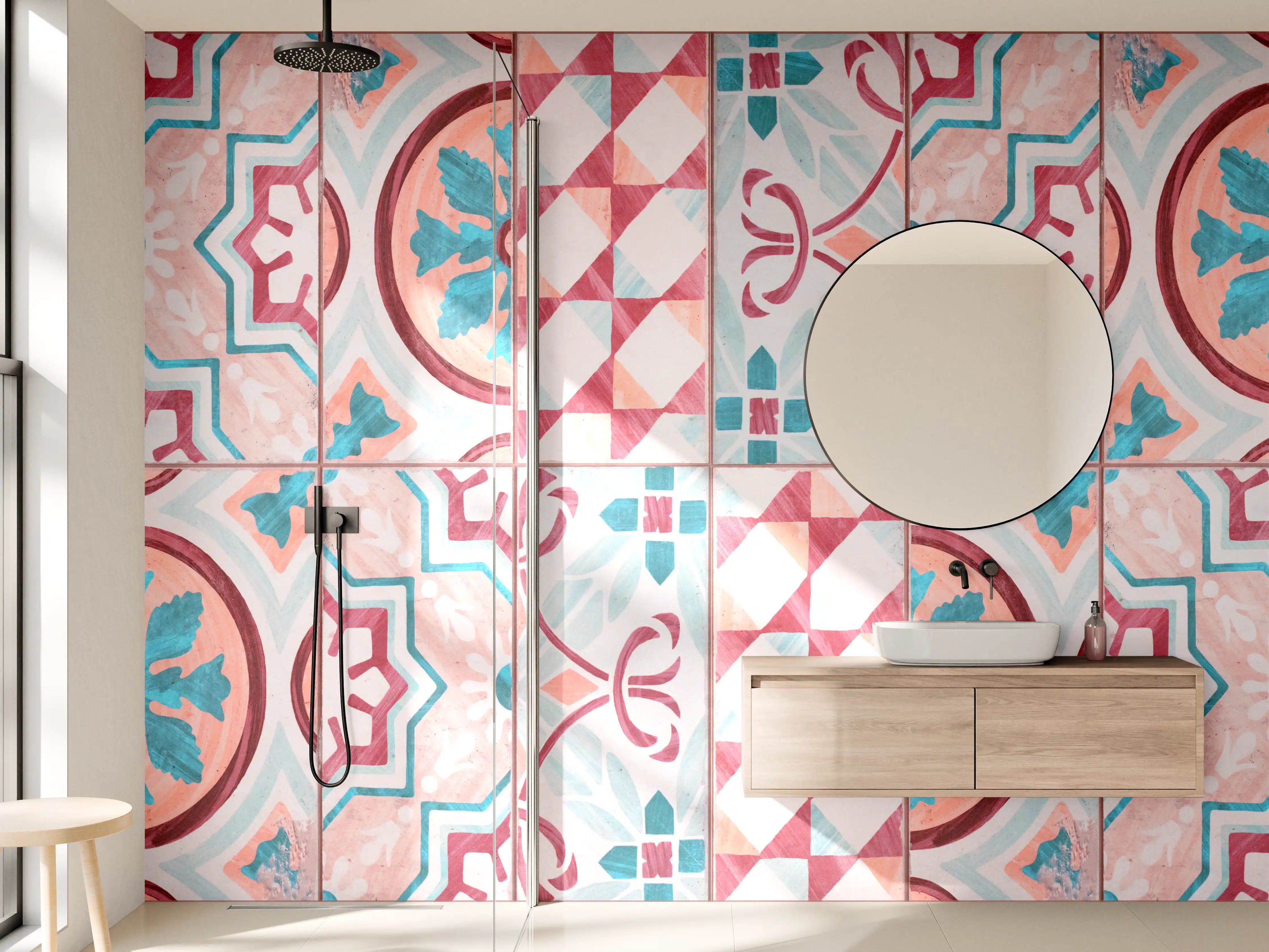 Wandverkleidung Bad - Rot-türkises rechteckiges Mosaik