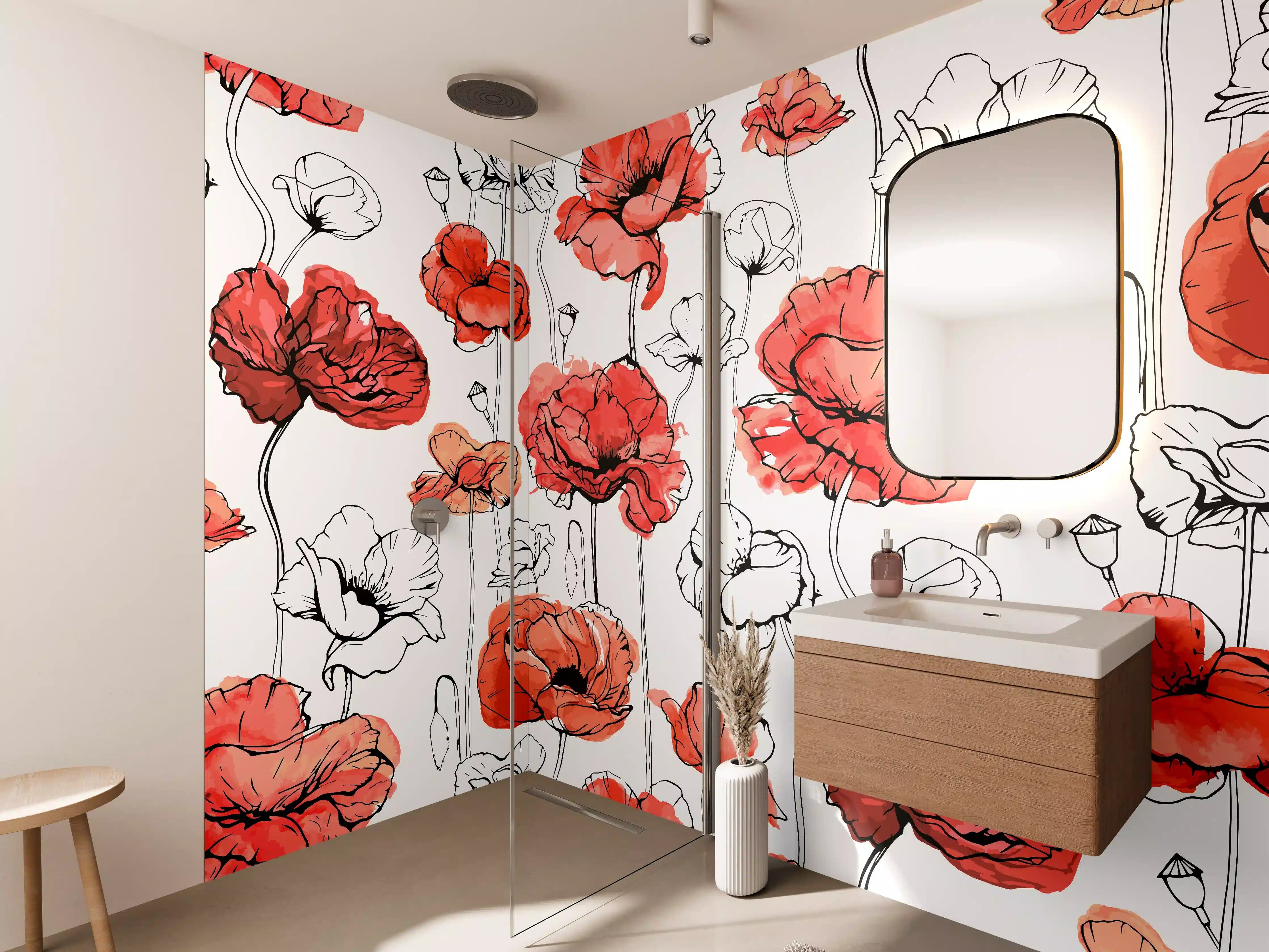 Wandverkleidung Bad - Rote Mohnblumen in sonniger Wiese
