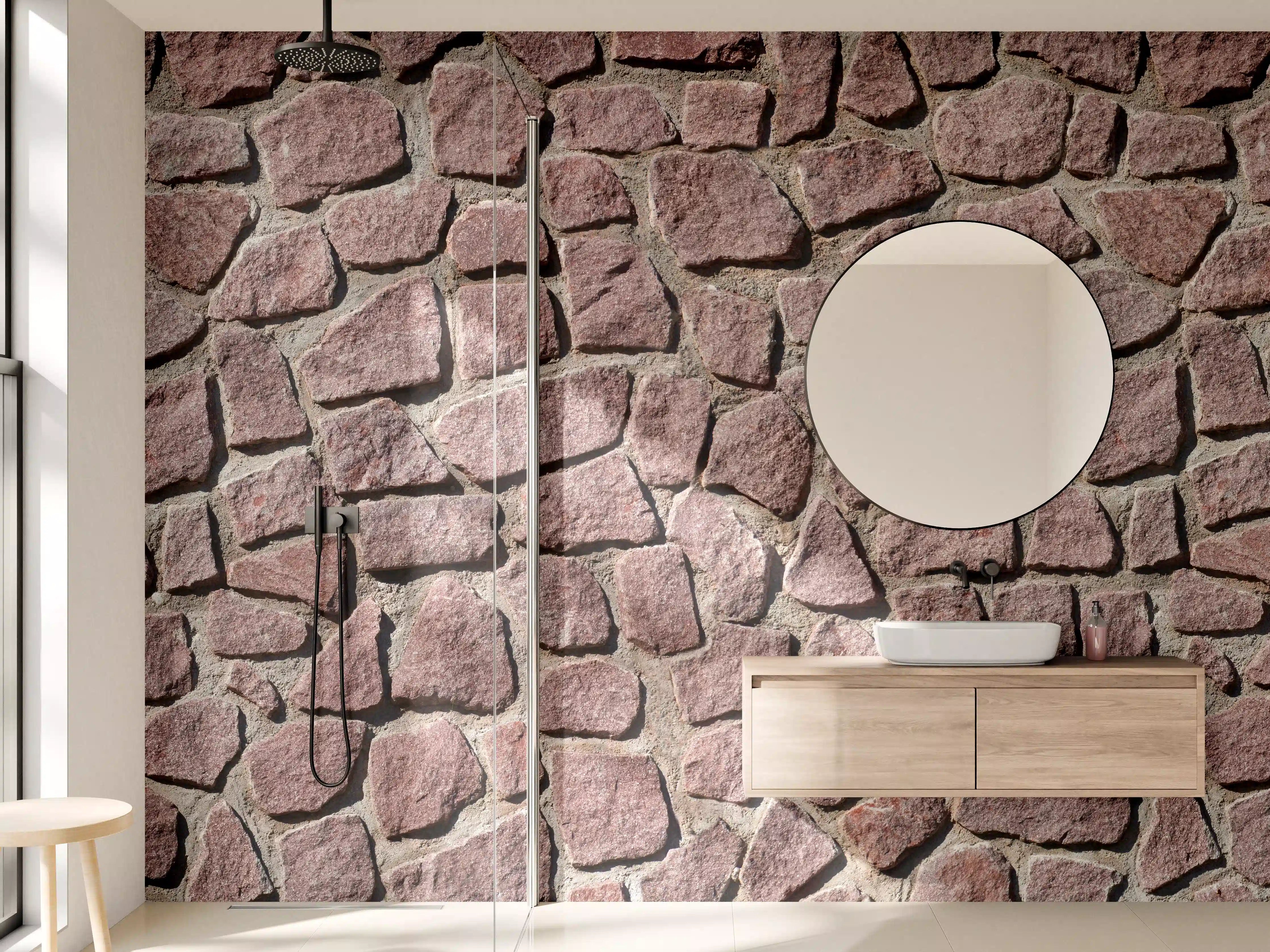 Wandverkleidung Bad - Rote Natursteinmauer