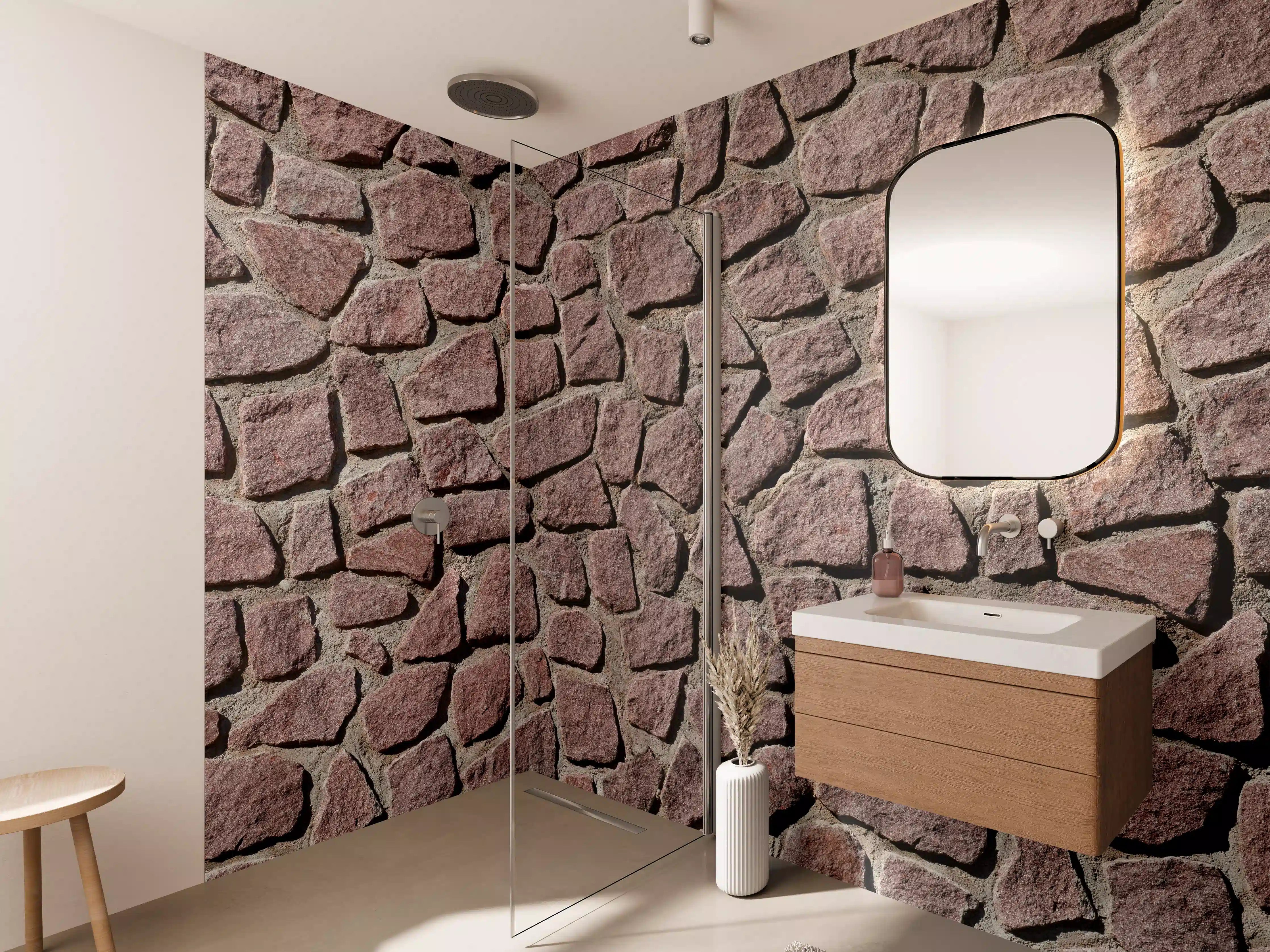 Wandverkleidung Bad - Rote Natursteinmauer