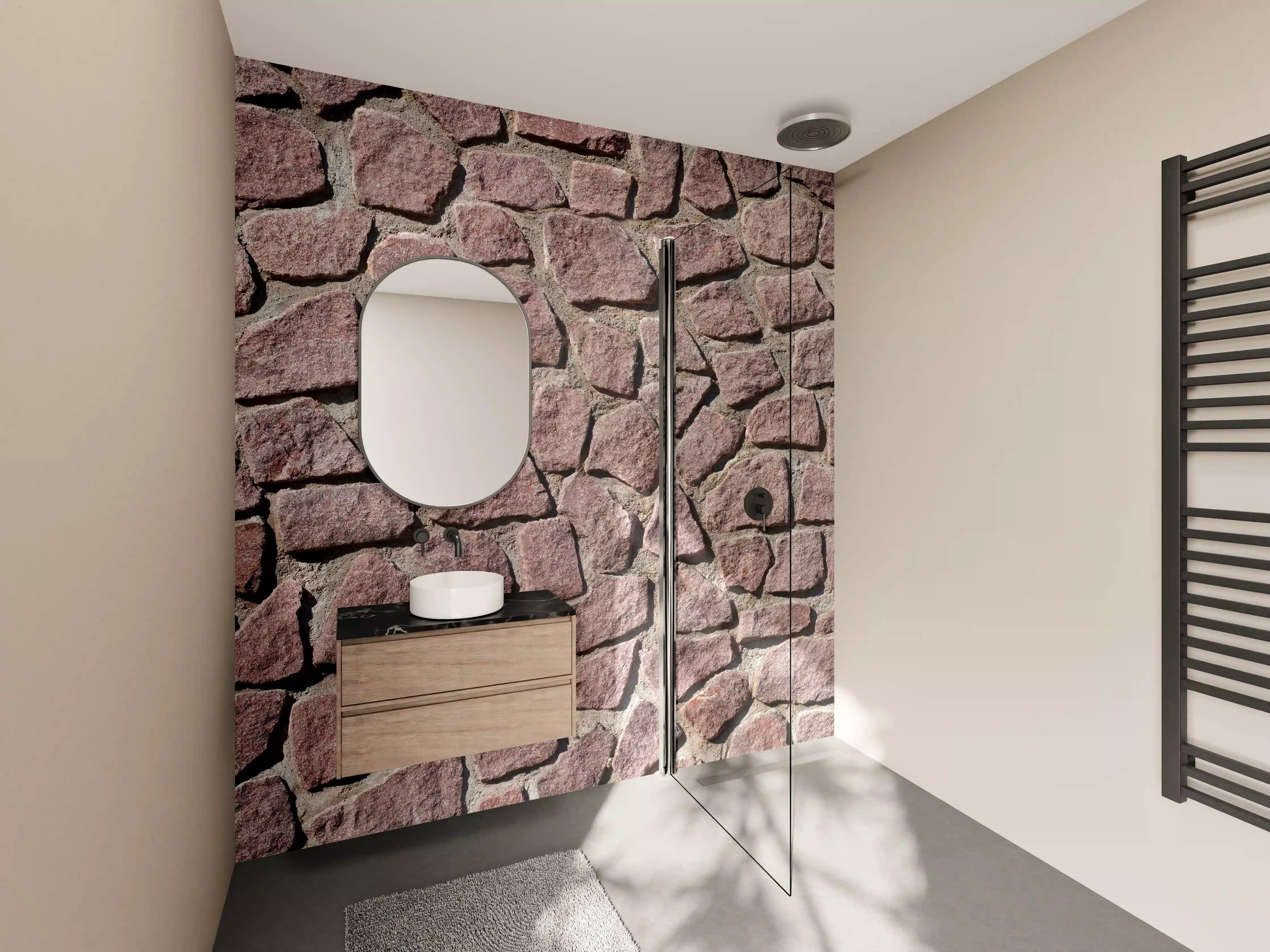 Wandverkleidung Bad - Rote Natursteinmauer