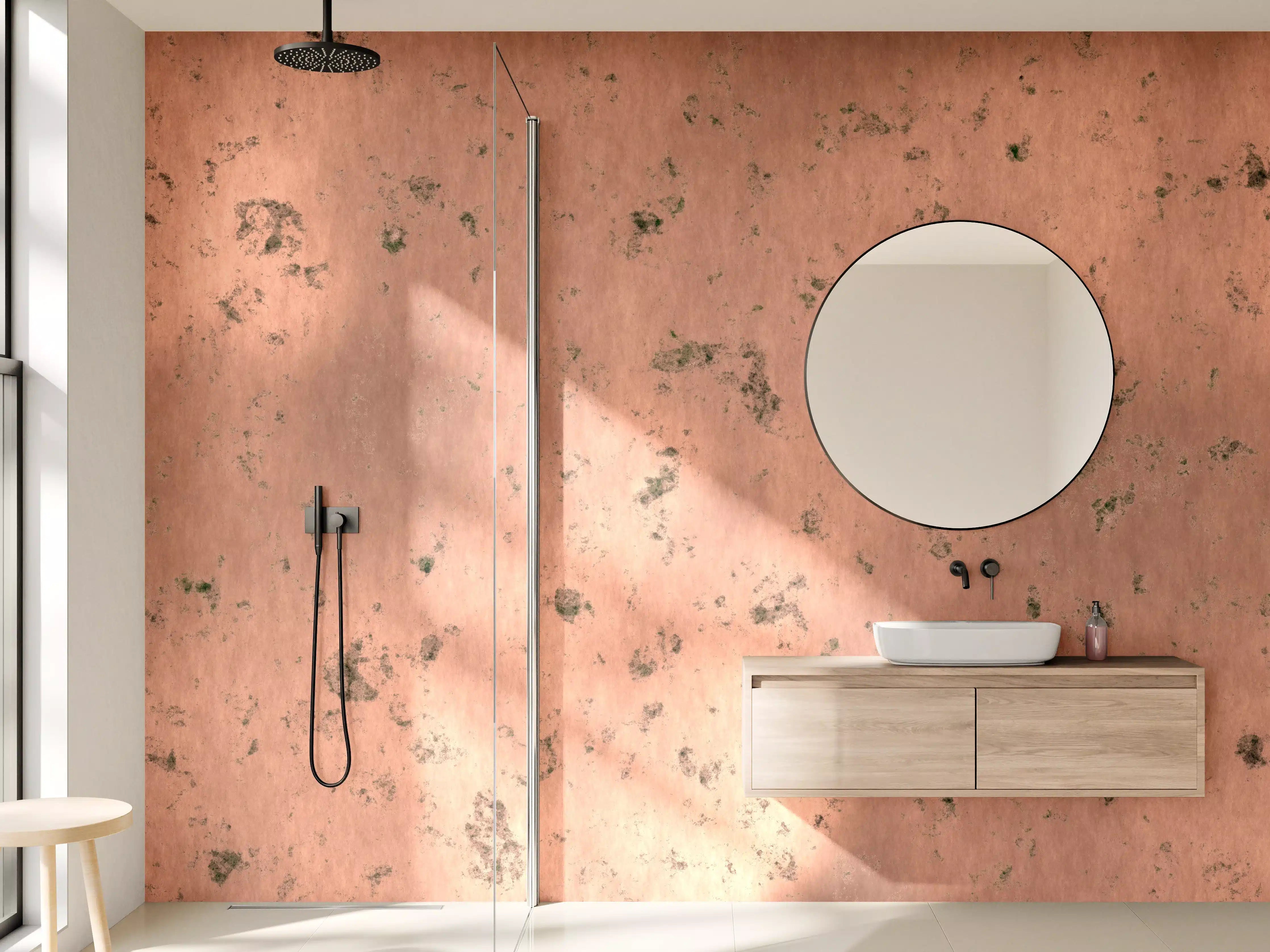 Wandverkleidung Bad - Rote Patina mit grünen Akzenten