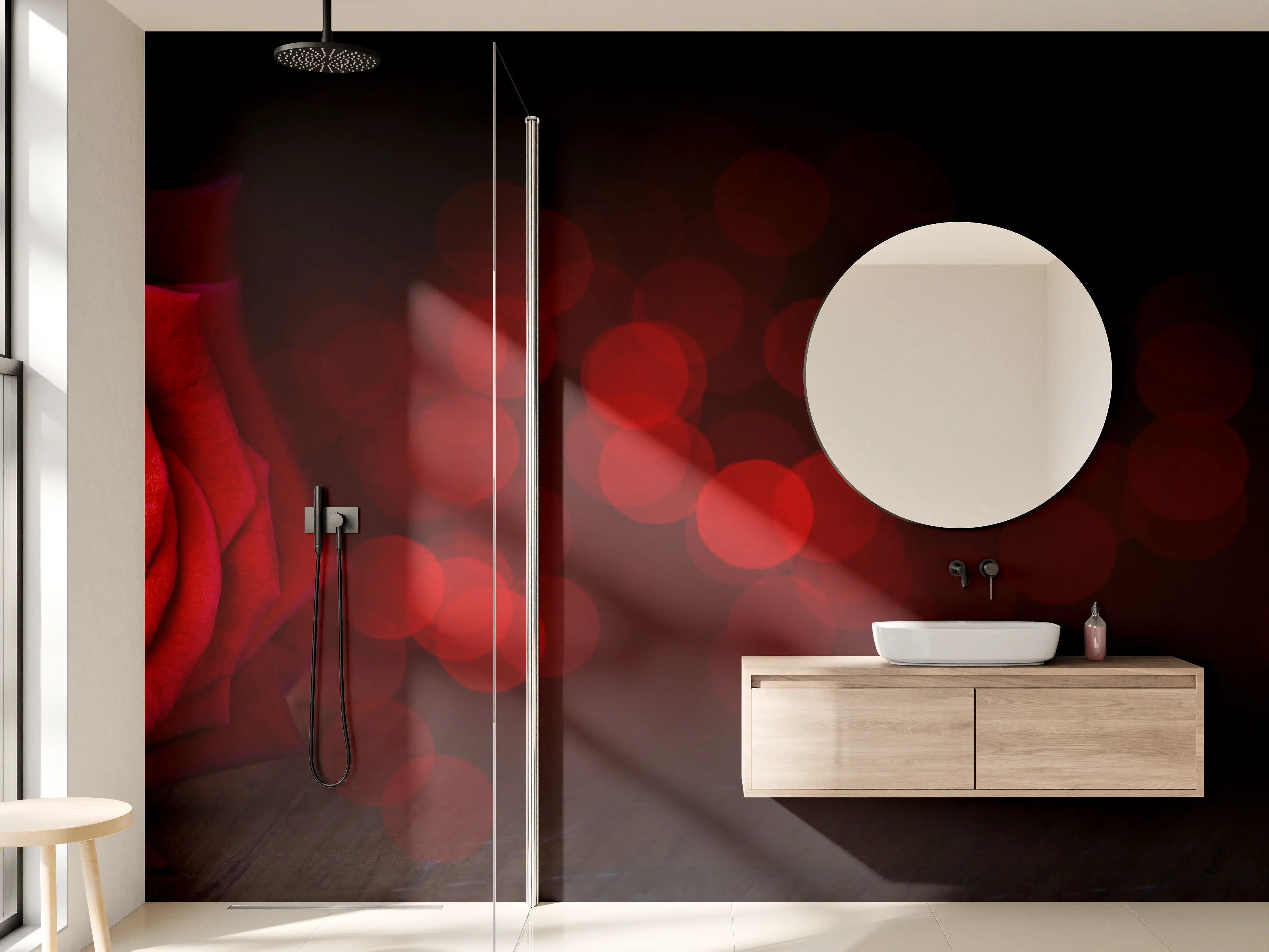 Wandverkleidung Bad - Rote Rose auf schwarzem Hintergrund