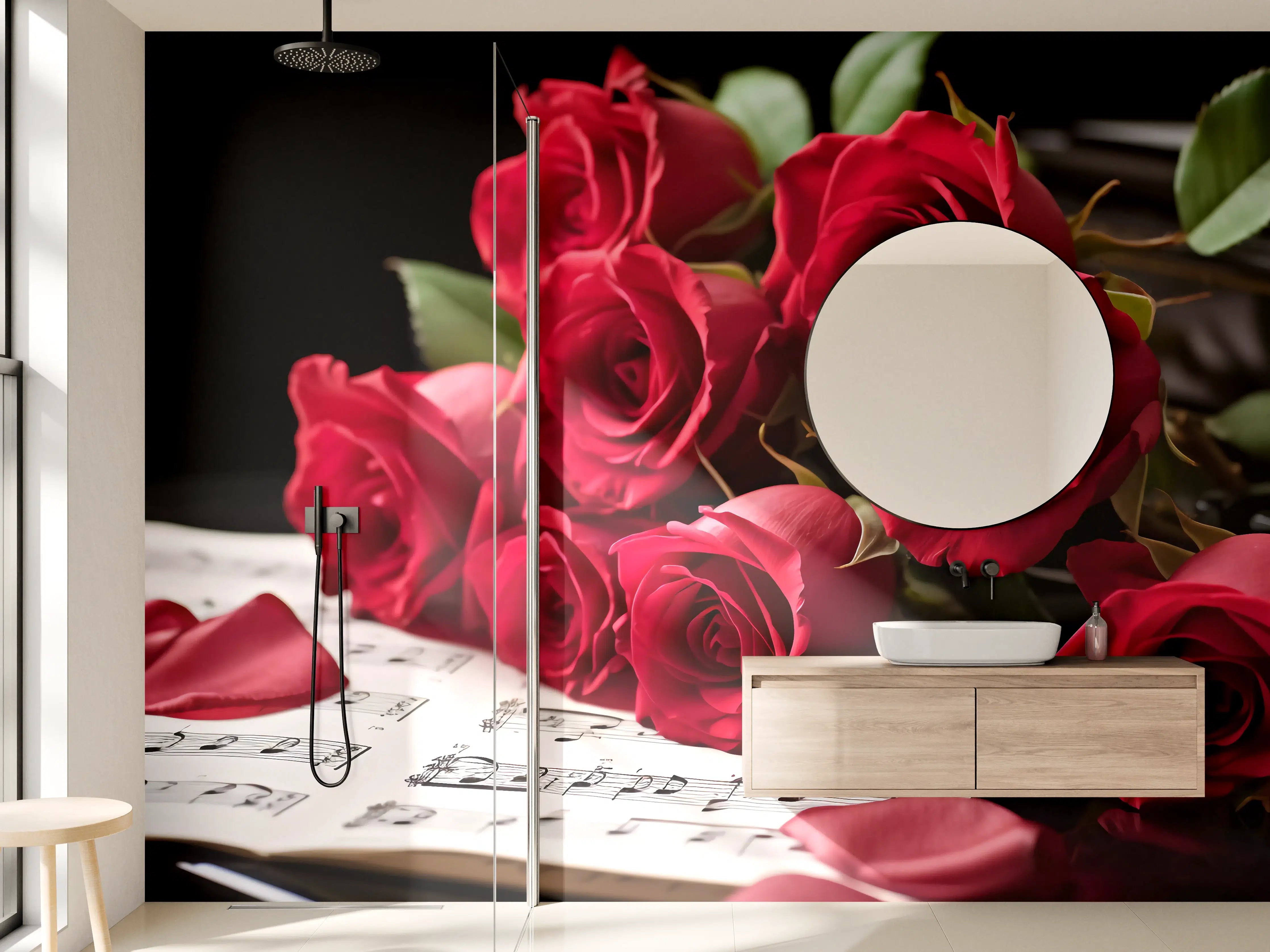 Wandverkleidung Bad - Rote Rosen auf Notenblatt mit Rosenblättern
