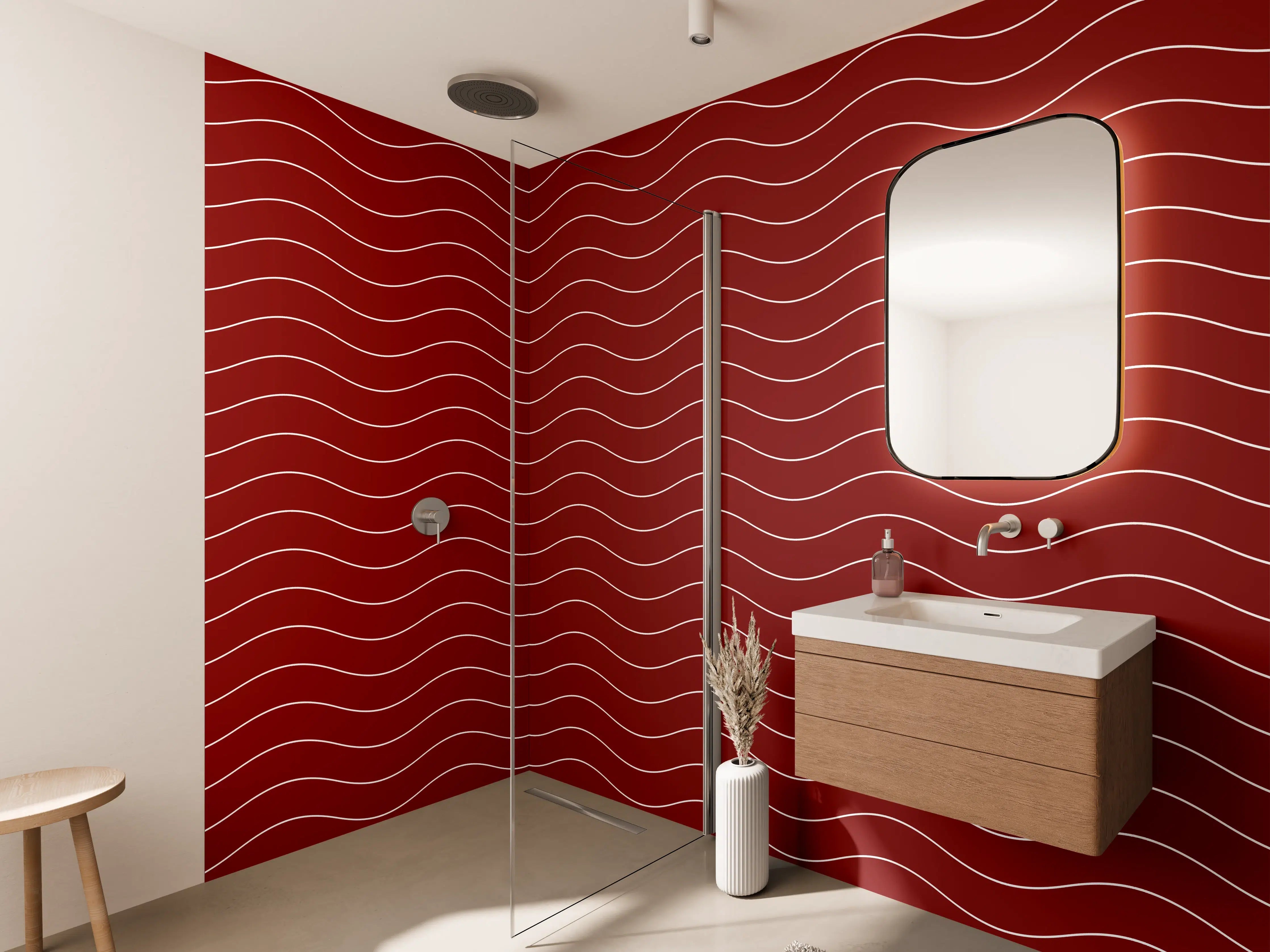 Wandverkleidung Bad - Rote Wellenmuster mit Goldakzenten