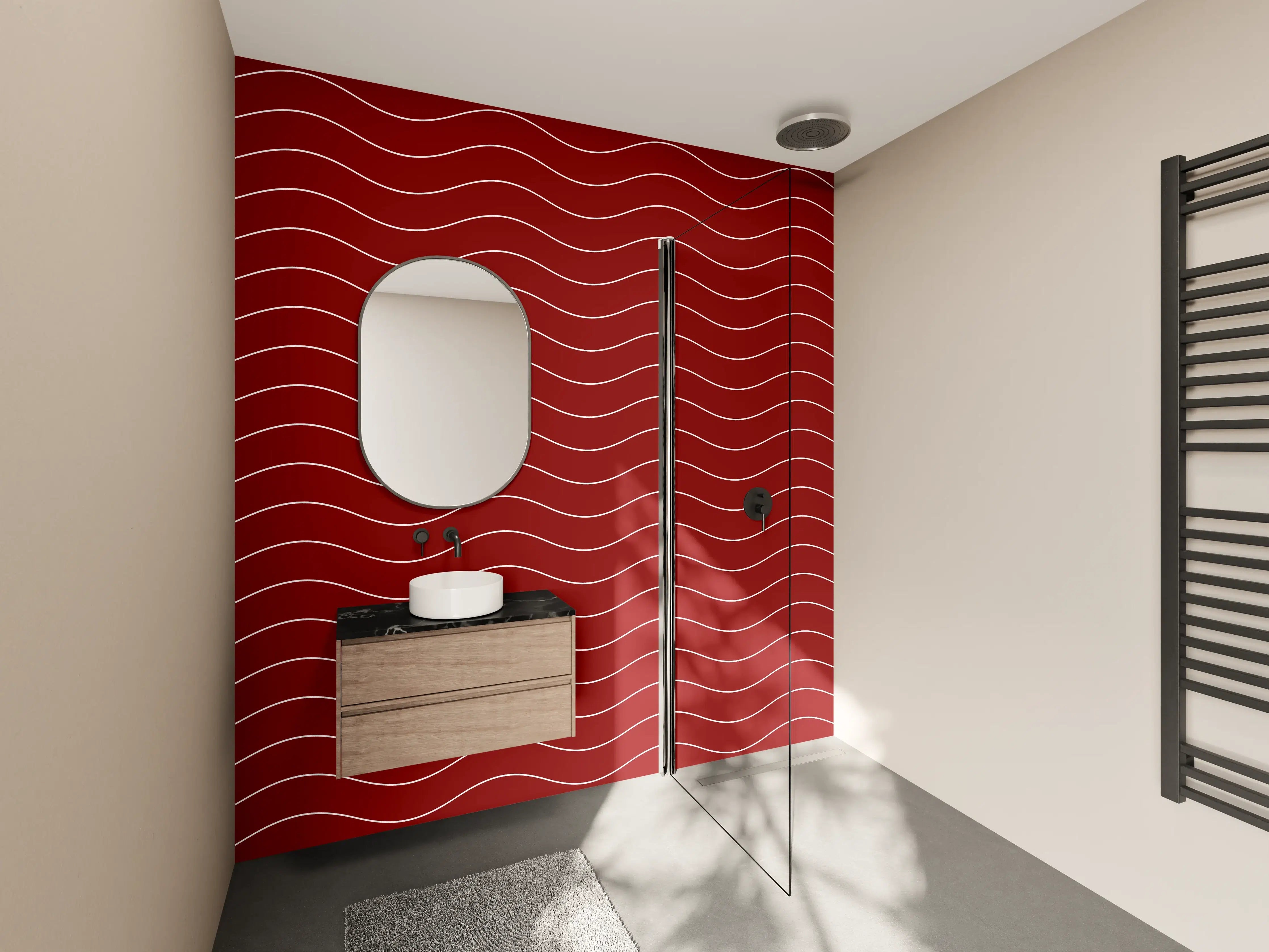 Wandverkleidung Bad - Rote Wellenmuster mit Goldakzenten