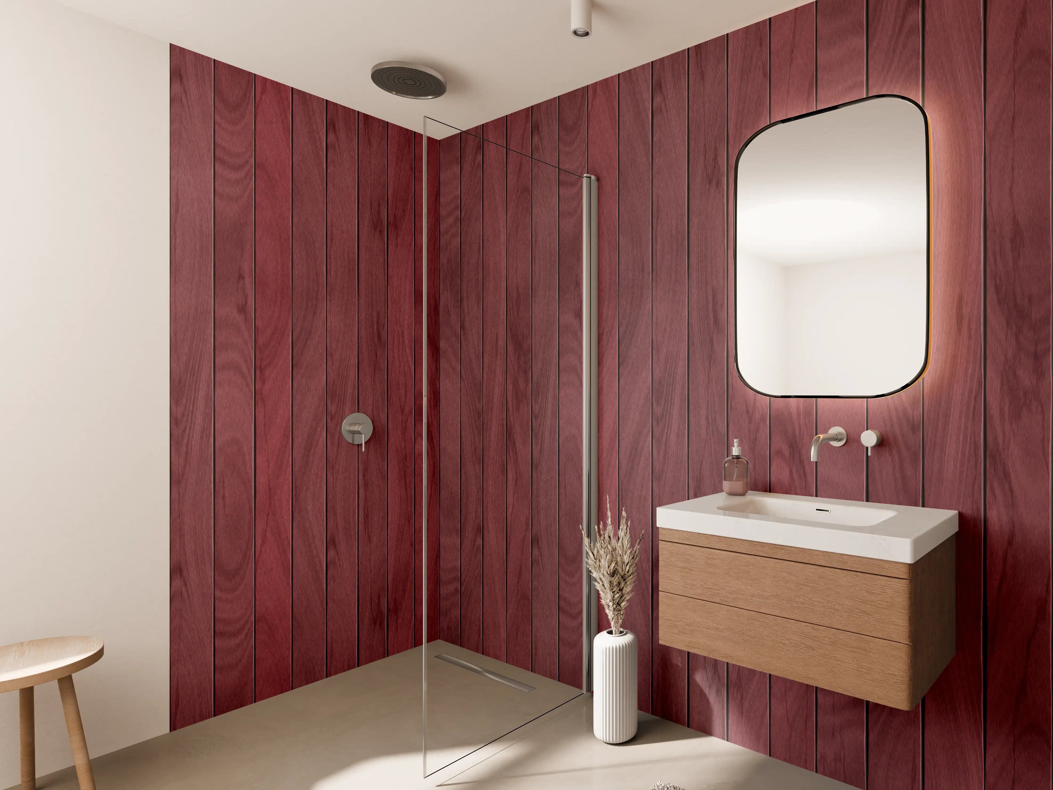 Wandverkleidung Bad - Roter Holzboden mit natürlicher Maserung