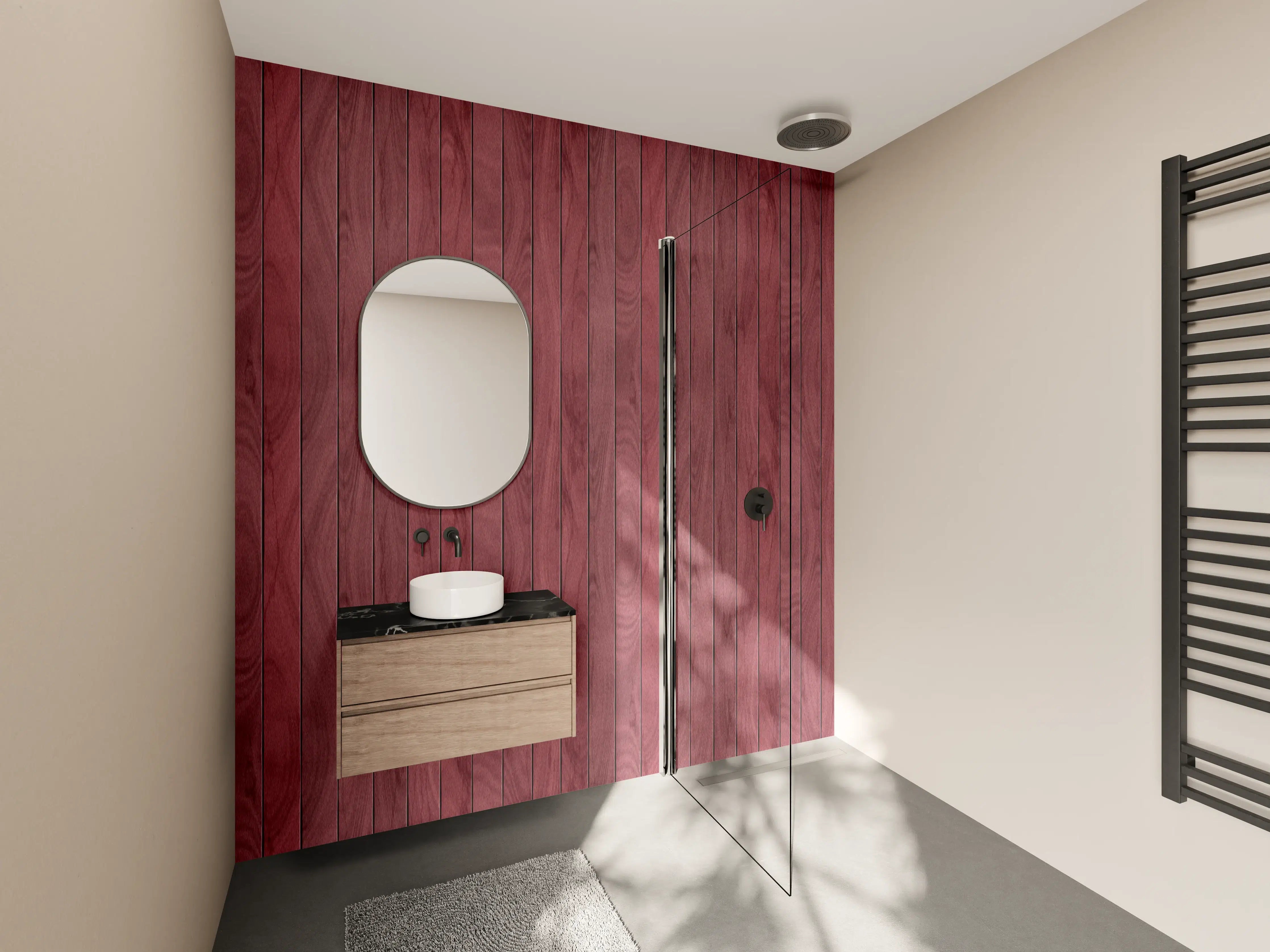Wandverkleidung Bad - Roter Holzboden mit natürlicher Maserung