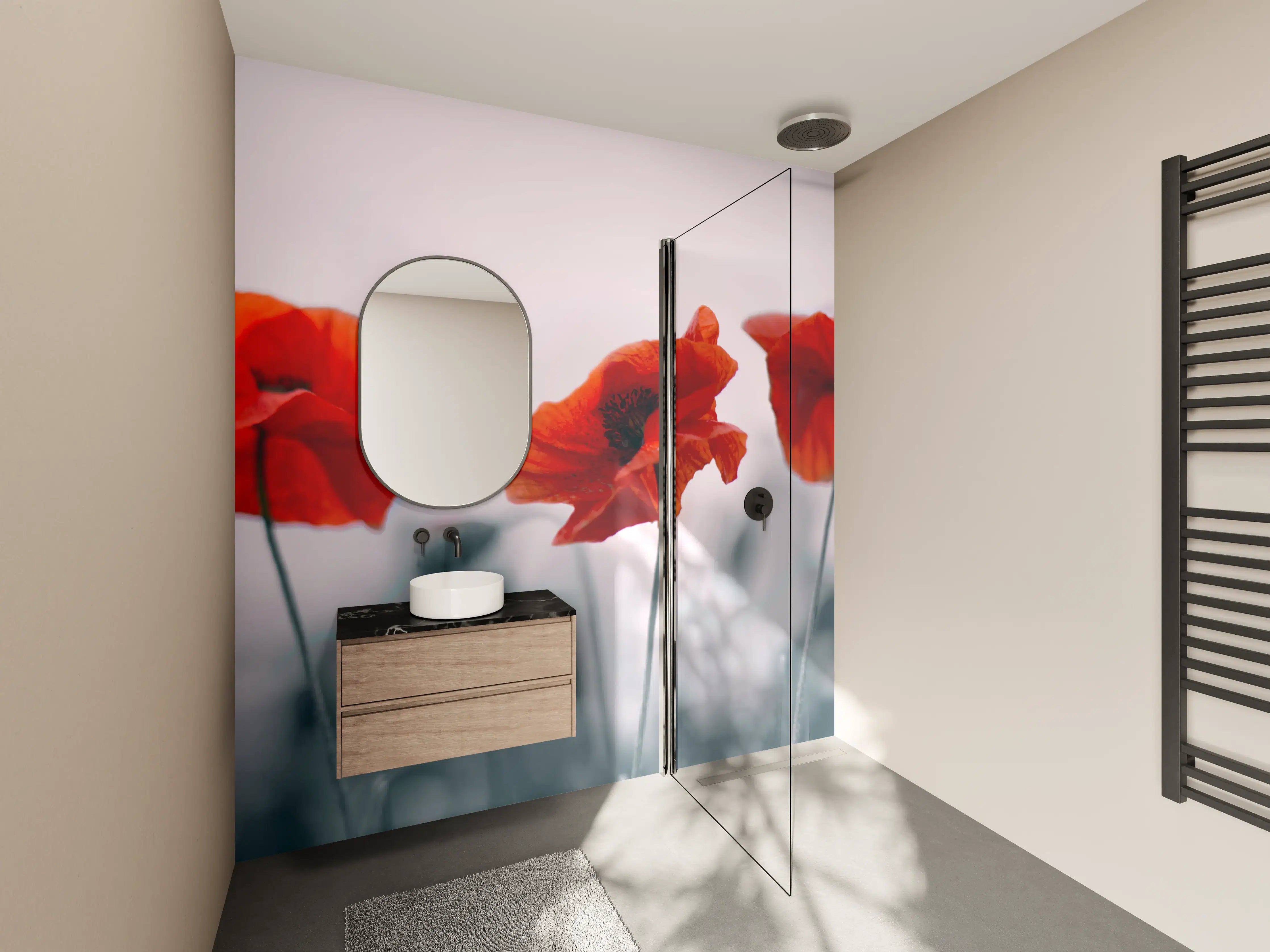 Wandverkleidung Bad - Roter Mohn auf hellem Hintergrund