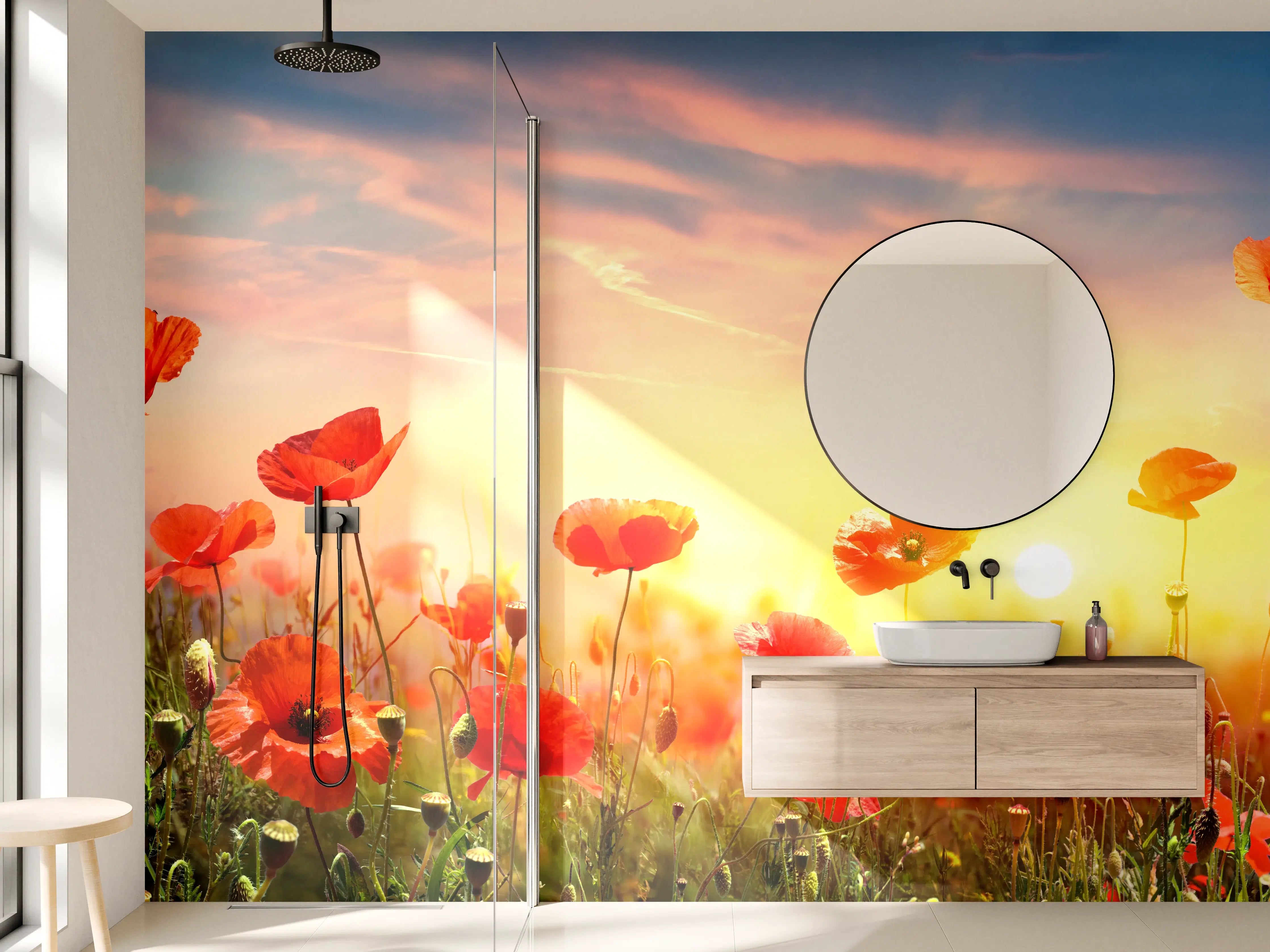 Wandverkleidung Bad - Roter Mohnfeld Sonnenaufgang