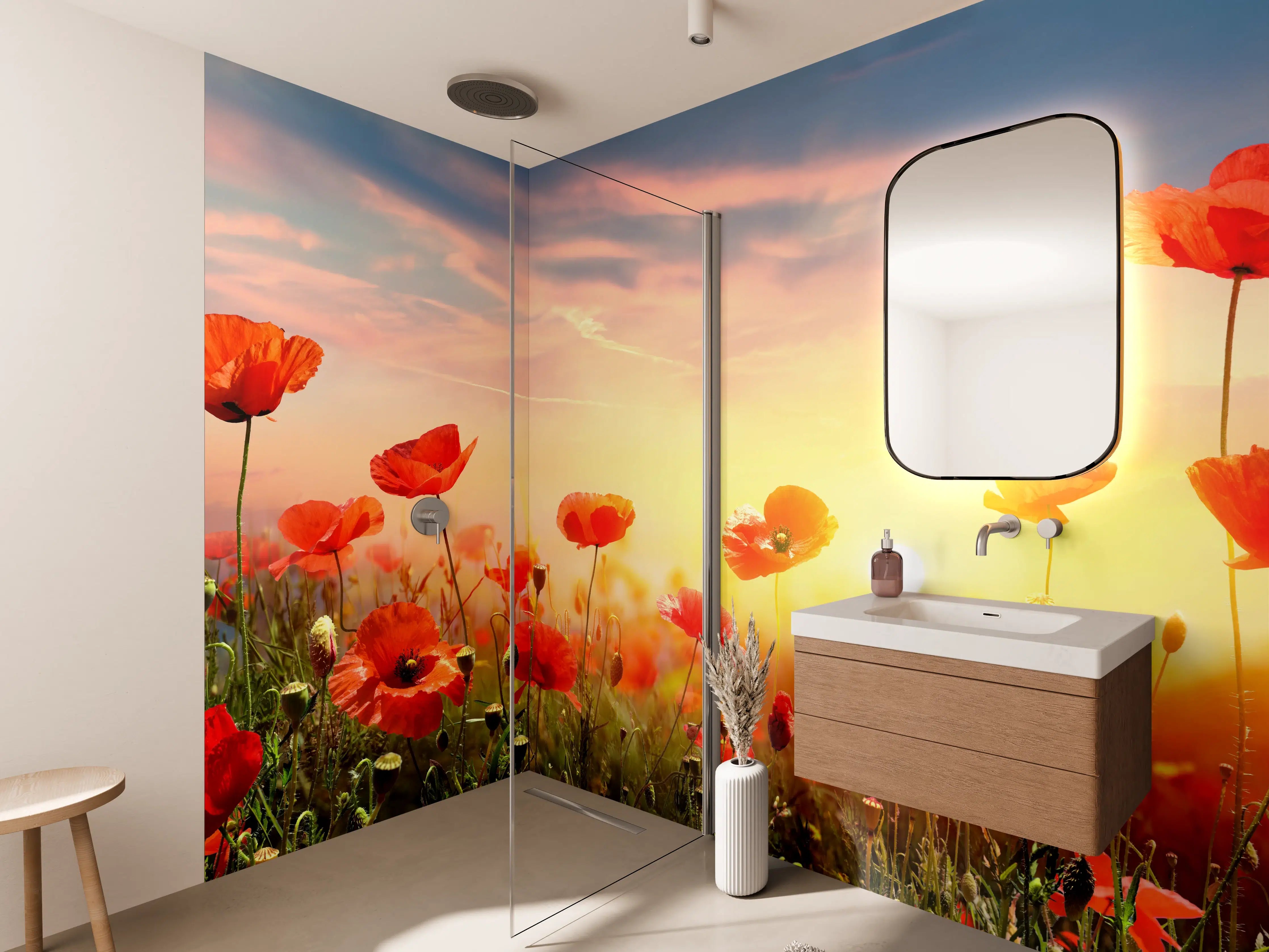 Wandverkleidung Bad - Roter Mohnfeld Sonnenaufgang
