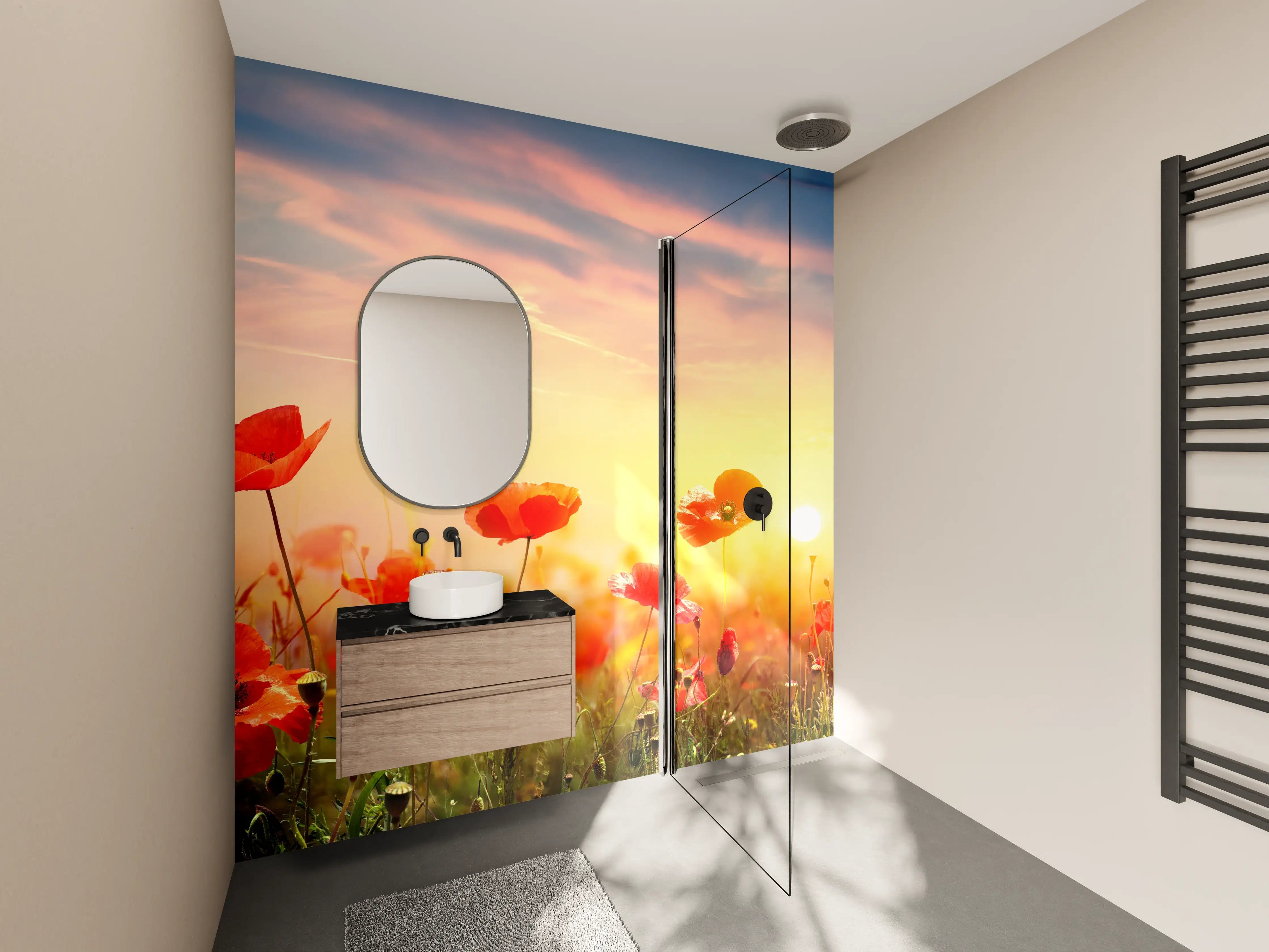 Wandverkleidung Bad - Roter Mohnfeld Sonnenaufgang
