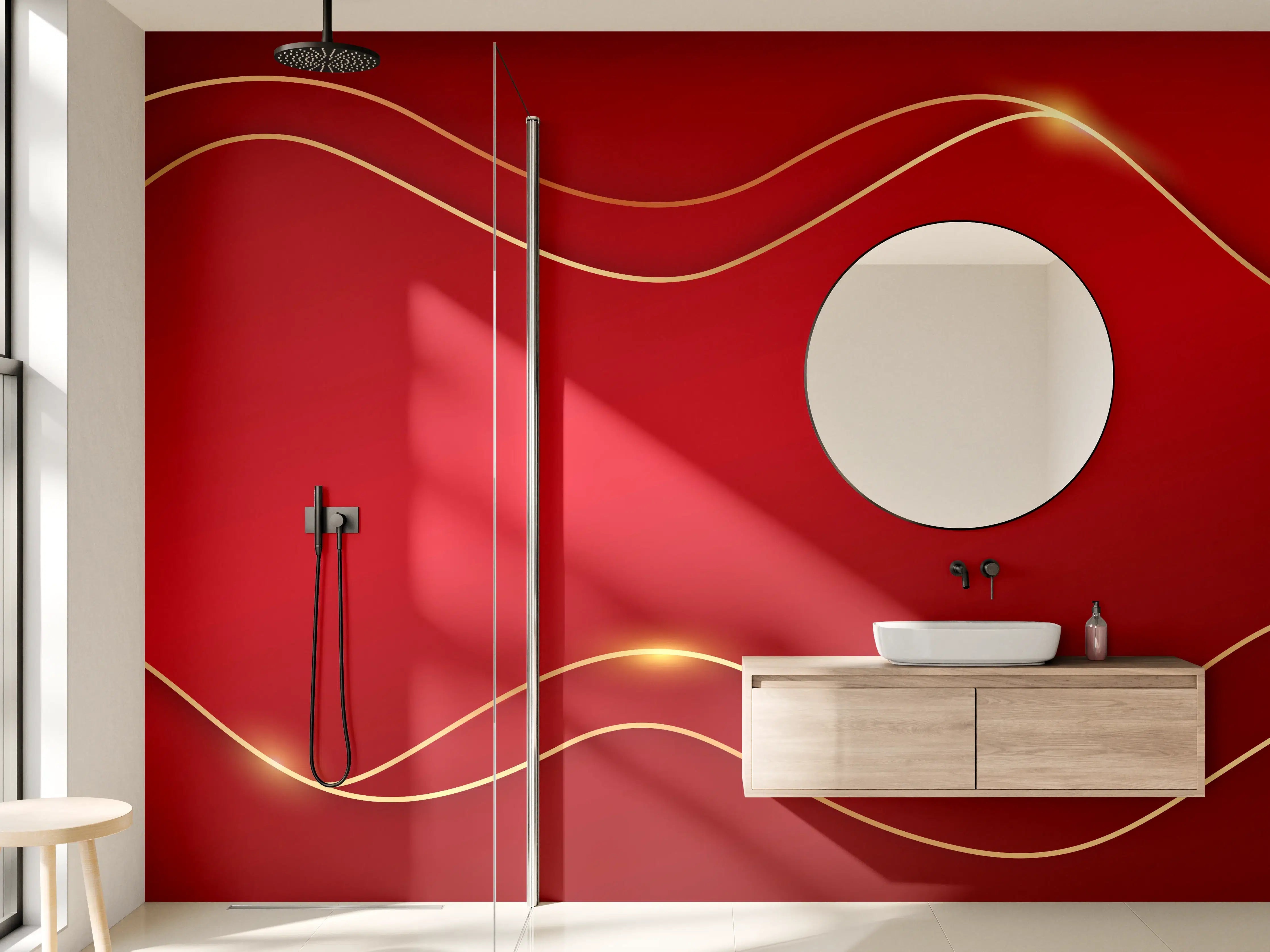 Wandverkleidung Bad - Rotes Luxus-Design mit Goldakzenten