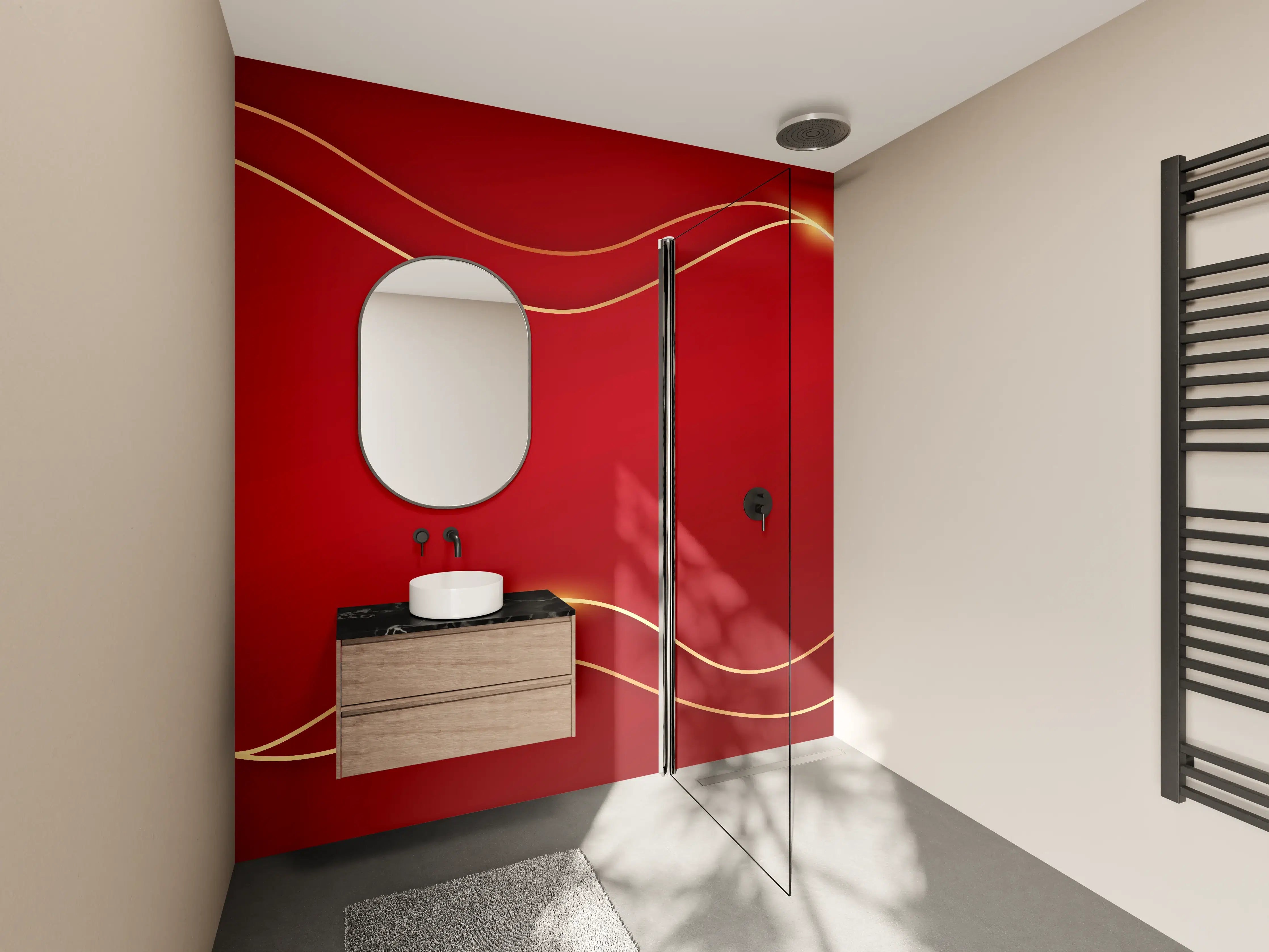Wandverkleidung Bad - Rotes Luxus-Design mit Goldakzenten