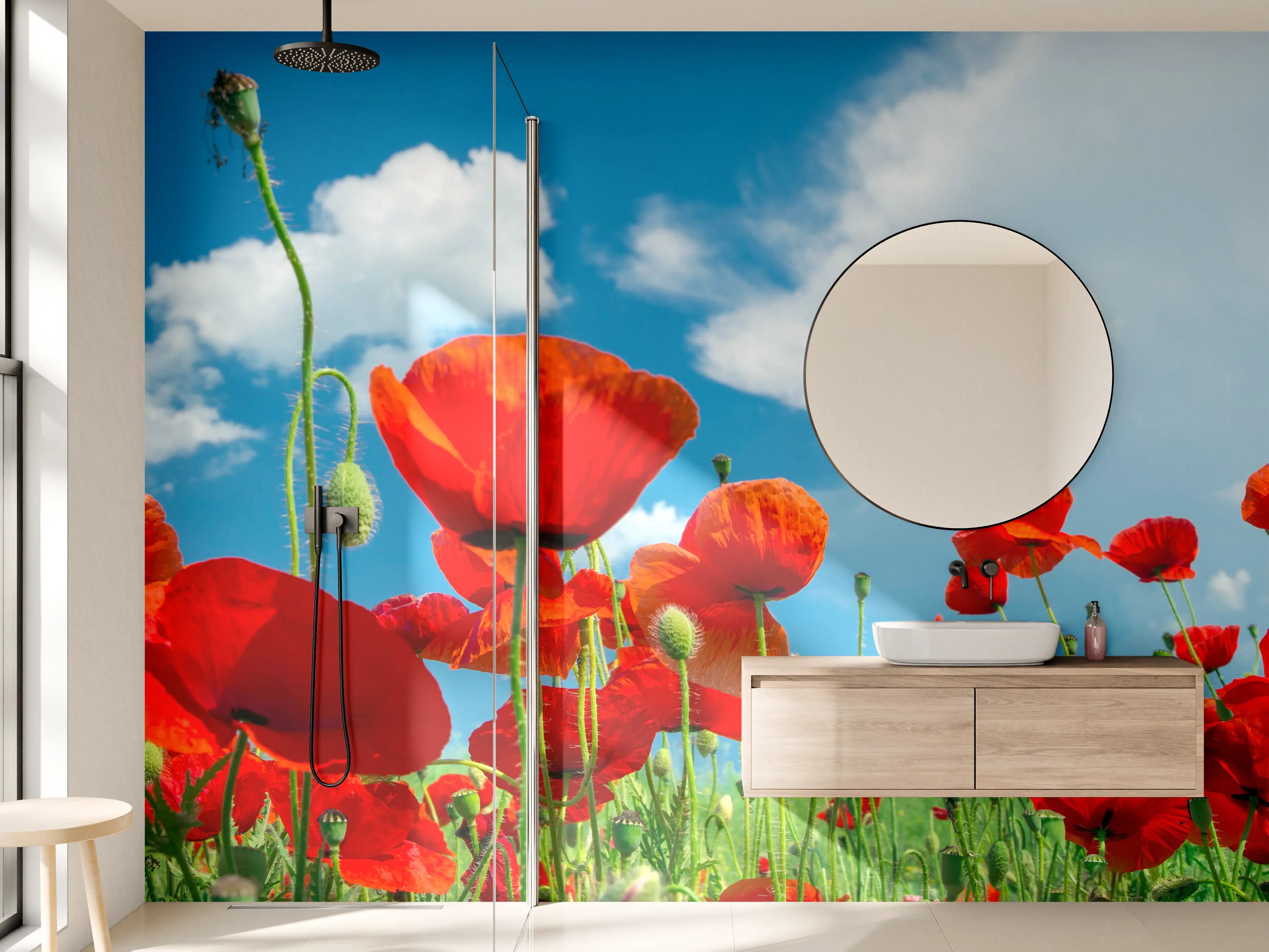 Wandverkleidung Bad - Rotes Mohnblumenfeld