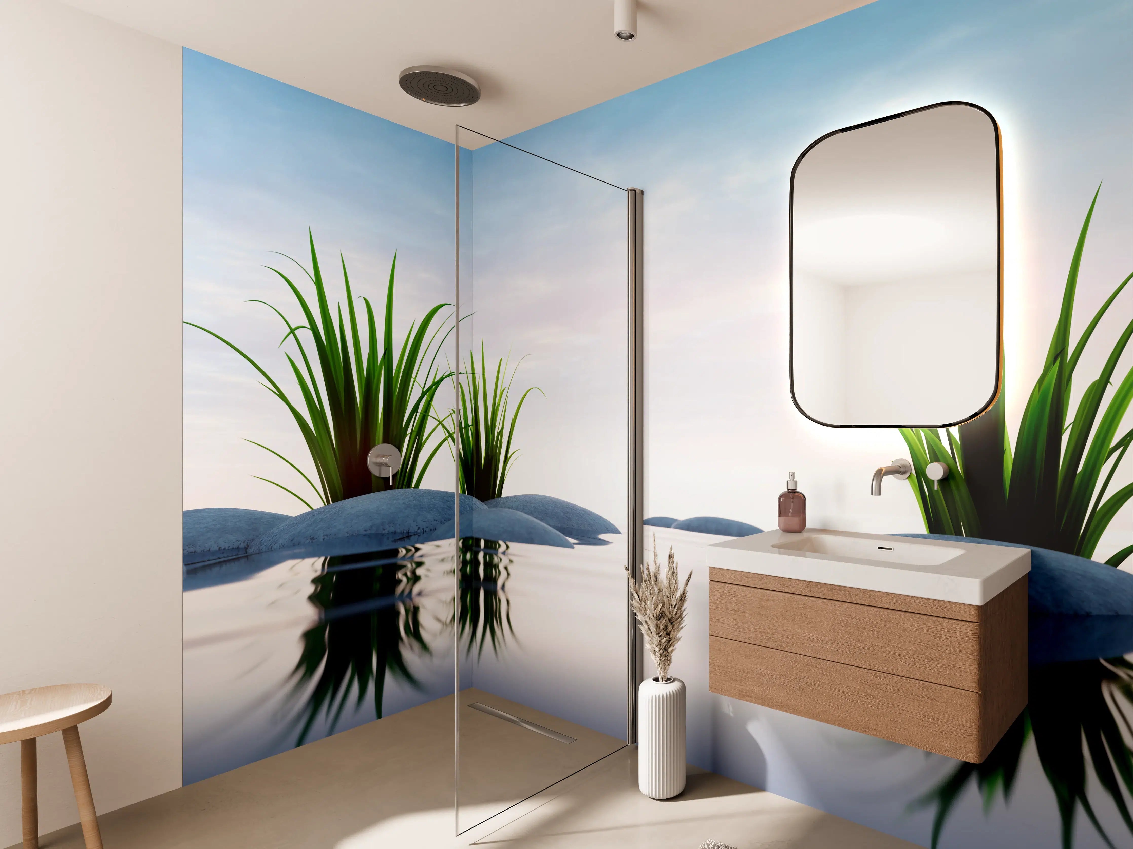Wandverkleidung Bad - Ruhevolle Wasserlandschaft mit Pflanzen