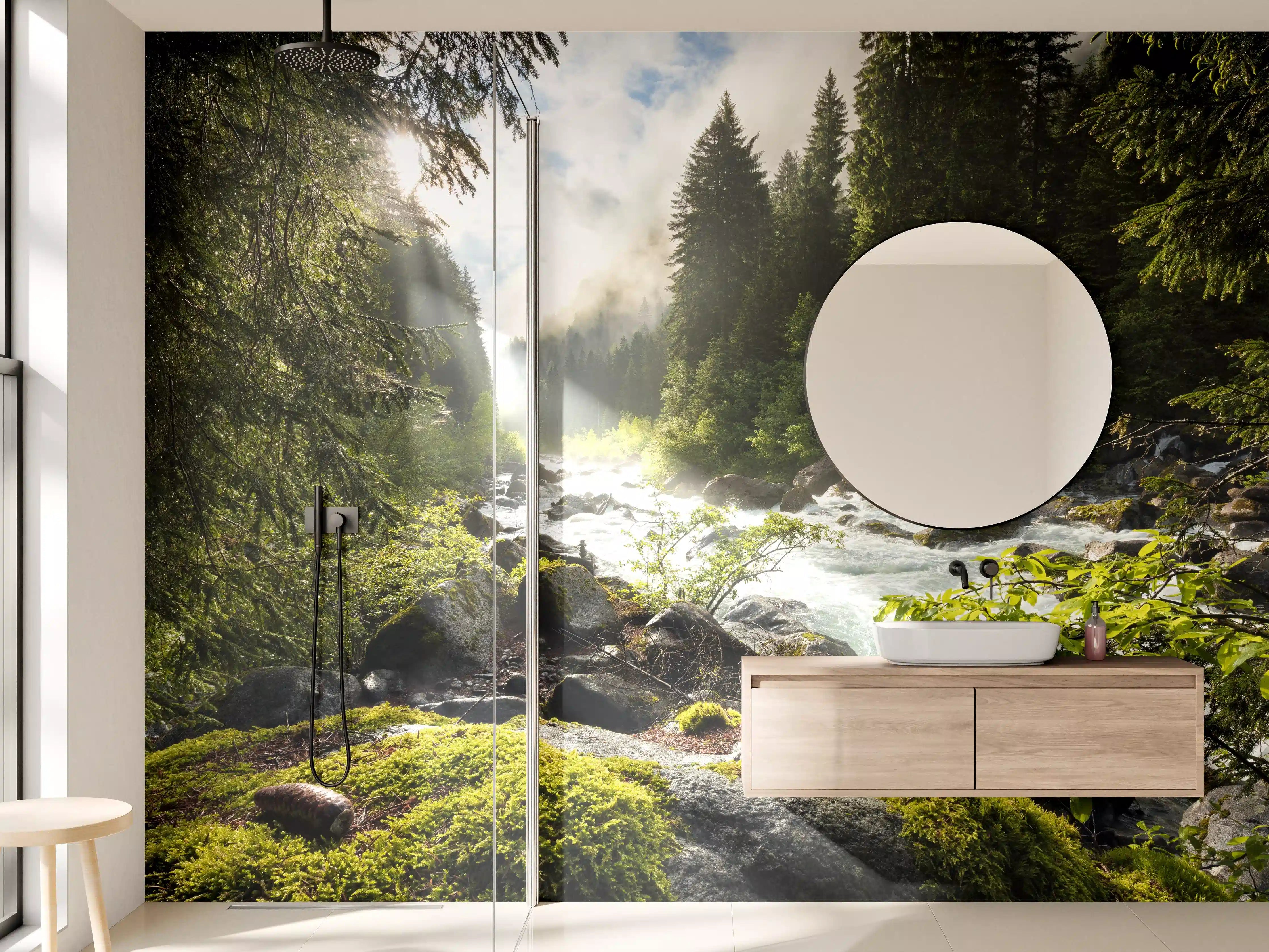 Wandverkleidung Bad - Ruhiger Fluss mitten im Wald