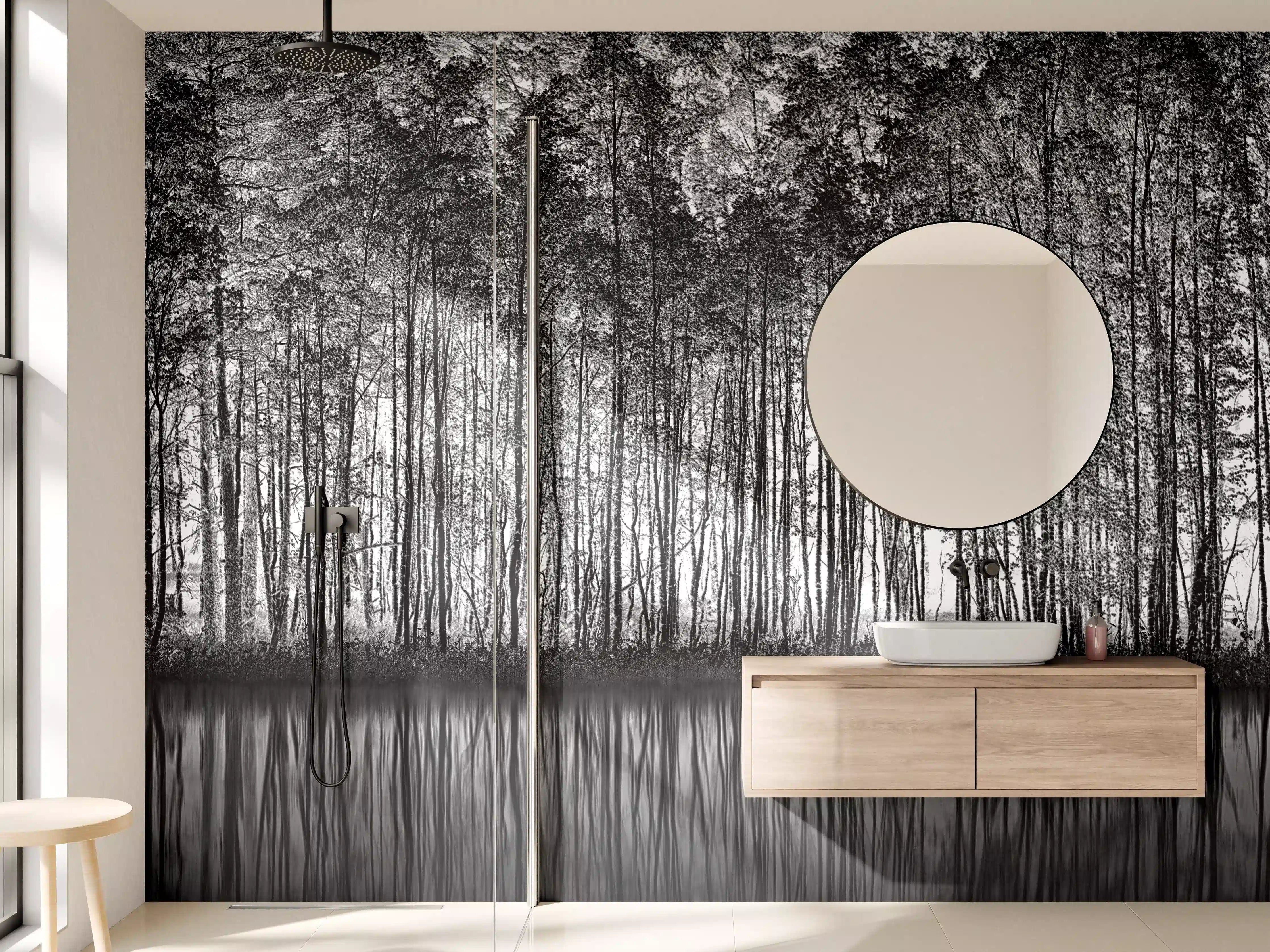 Wandverkleidung Bad - Ruhiger Wald - Wasser Reflektion