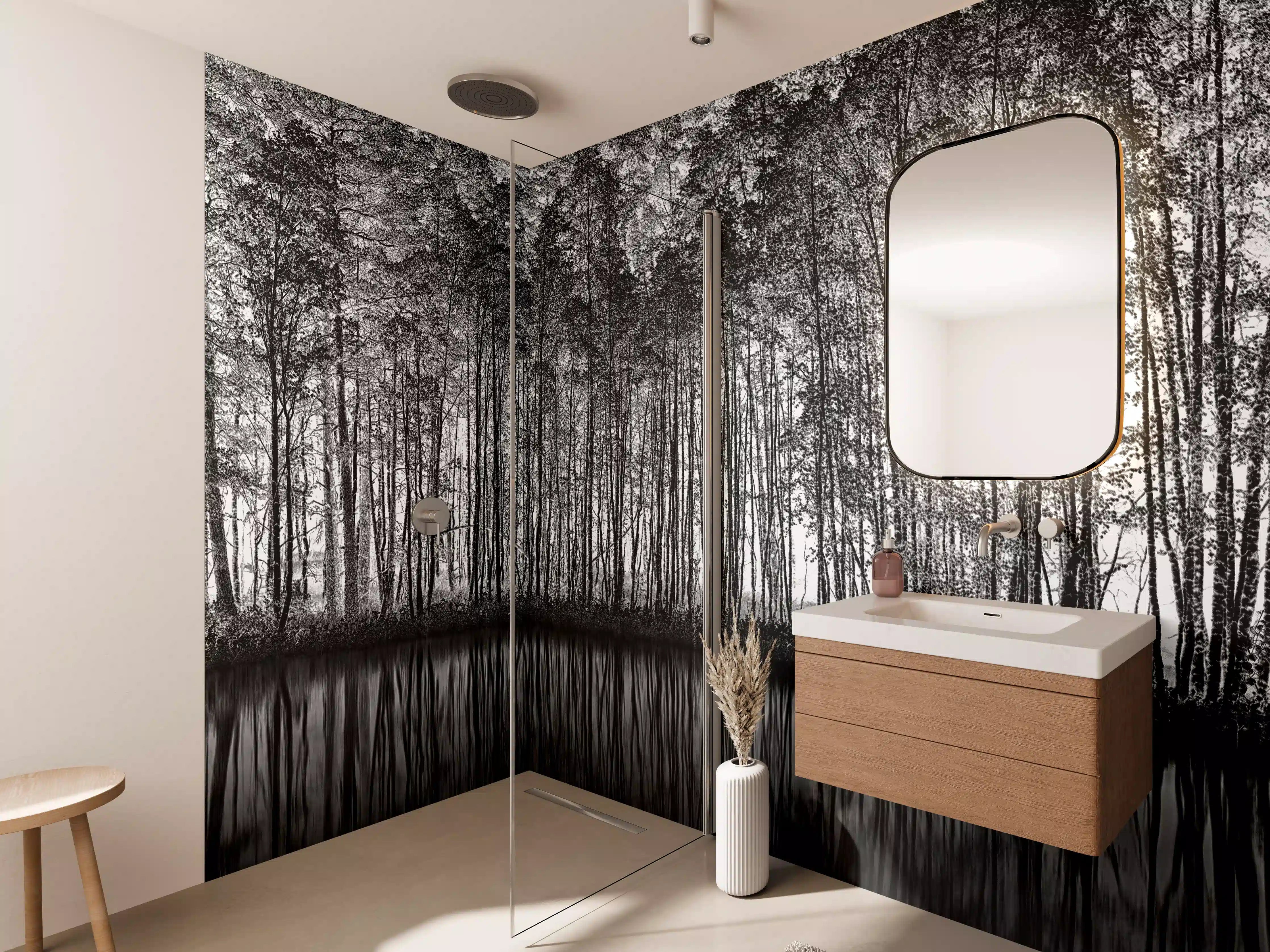 Wandverkleidung Bad - Ruhiger Wald - Wasser Reflektion