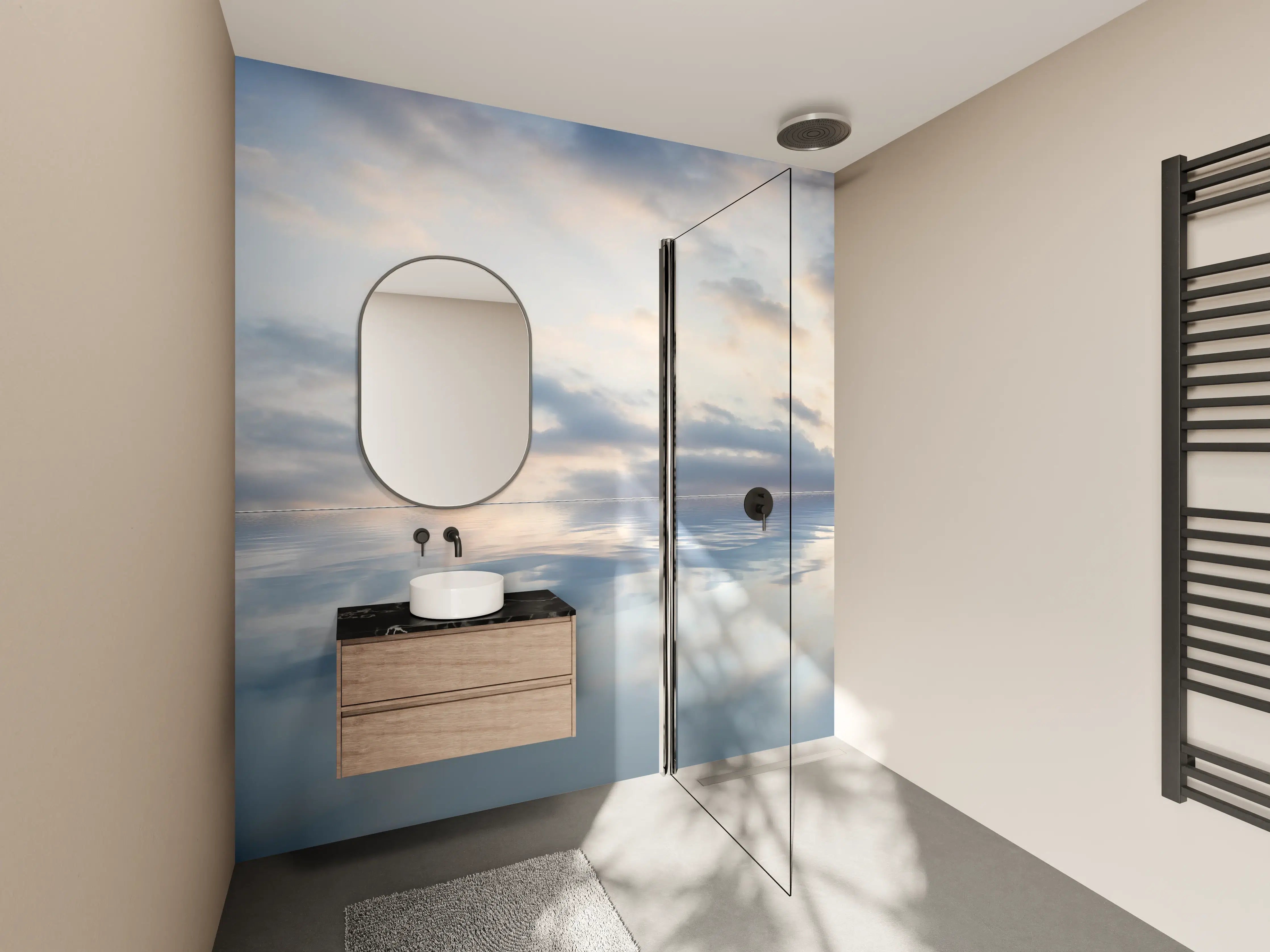 Wandverkleidung Bad - Ruhiges Wasser mit sanften Wolkenstrukturen