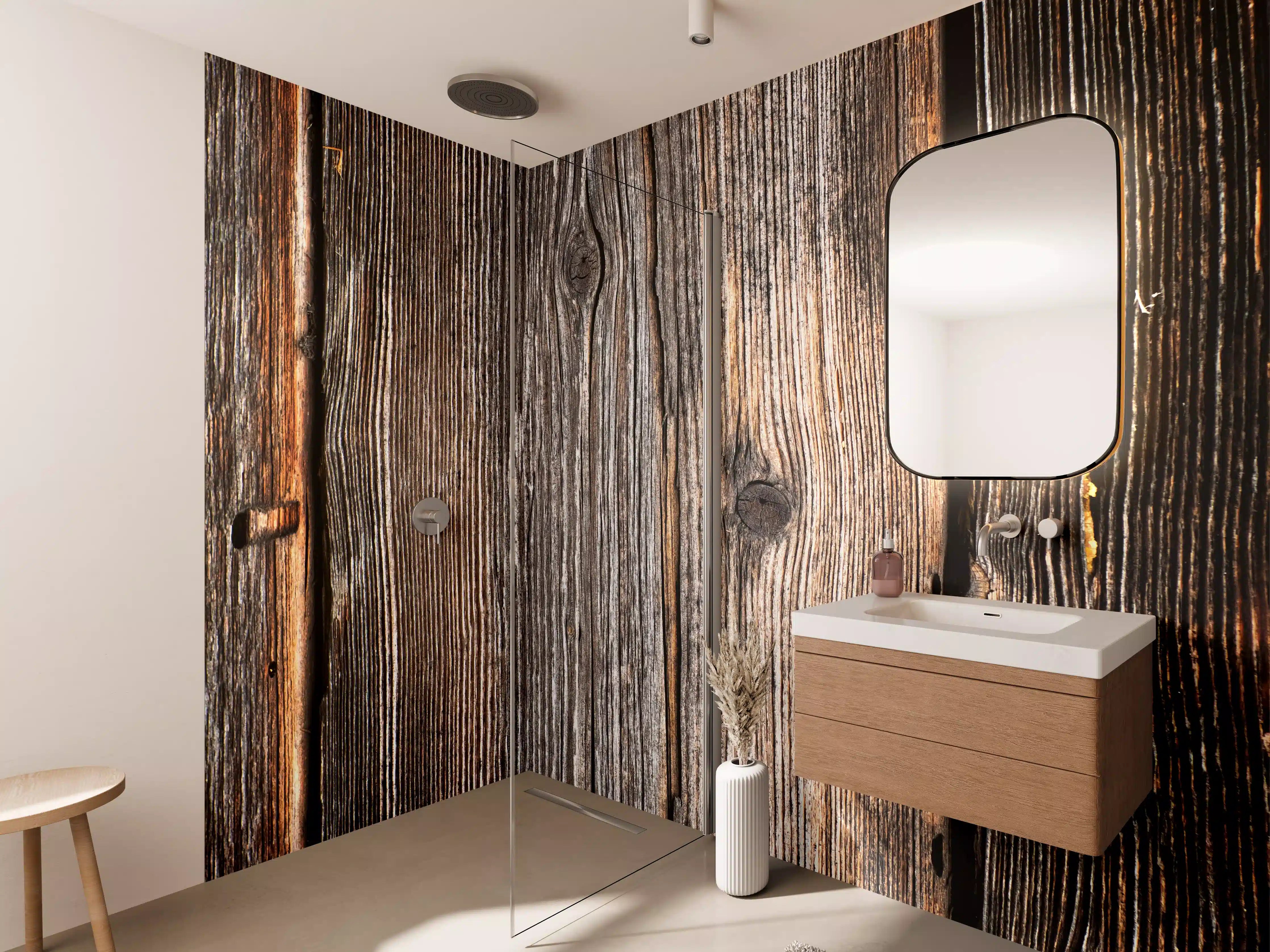 Wandverkleidung Bad - Rustikale Holzpaneele mit dunkler Patina
