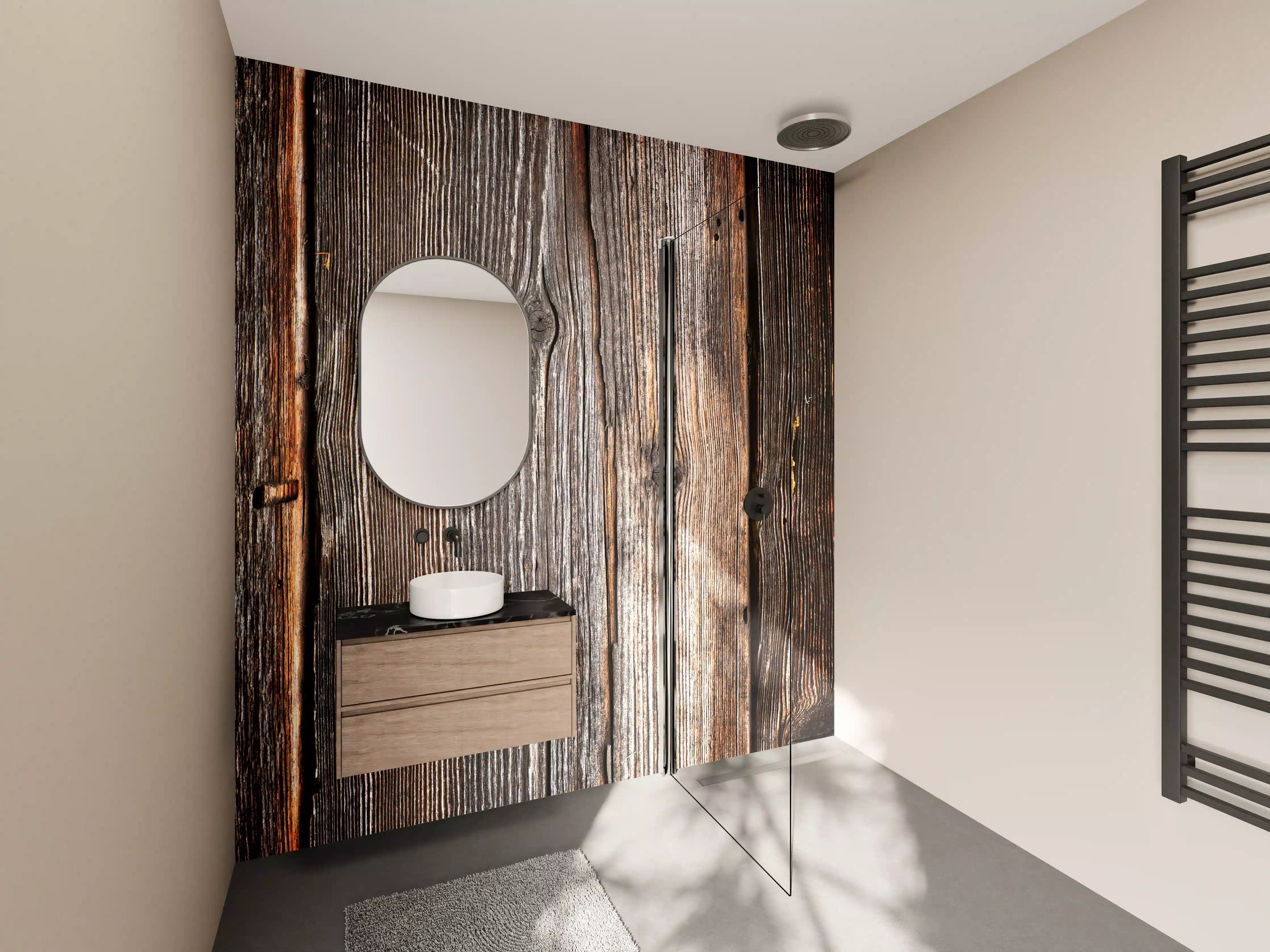 Wandverkleidung Bad - Rustikale Holzpaneele mit dunkler Patina