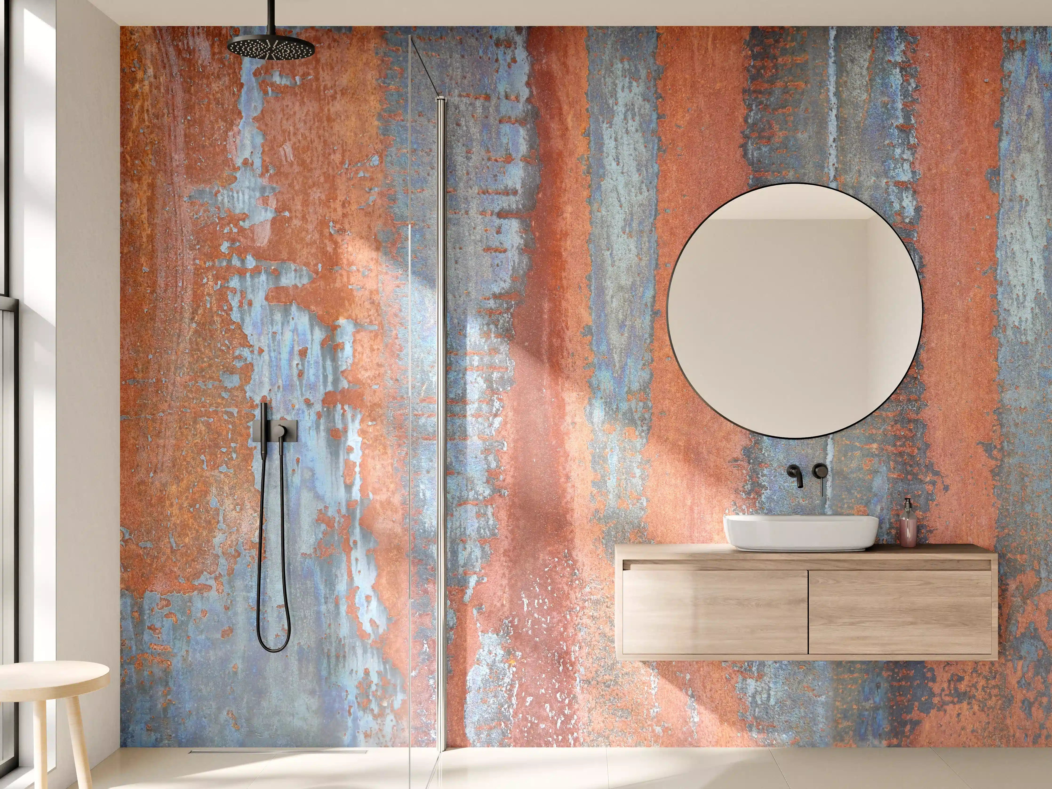 Wandverkleidung Bad - Rustikale Metall-Textur mit Blau- und Kupferakzenten