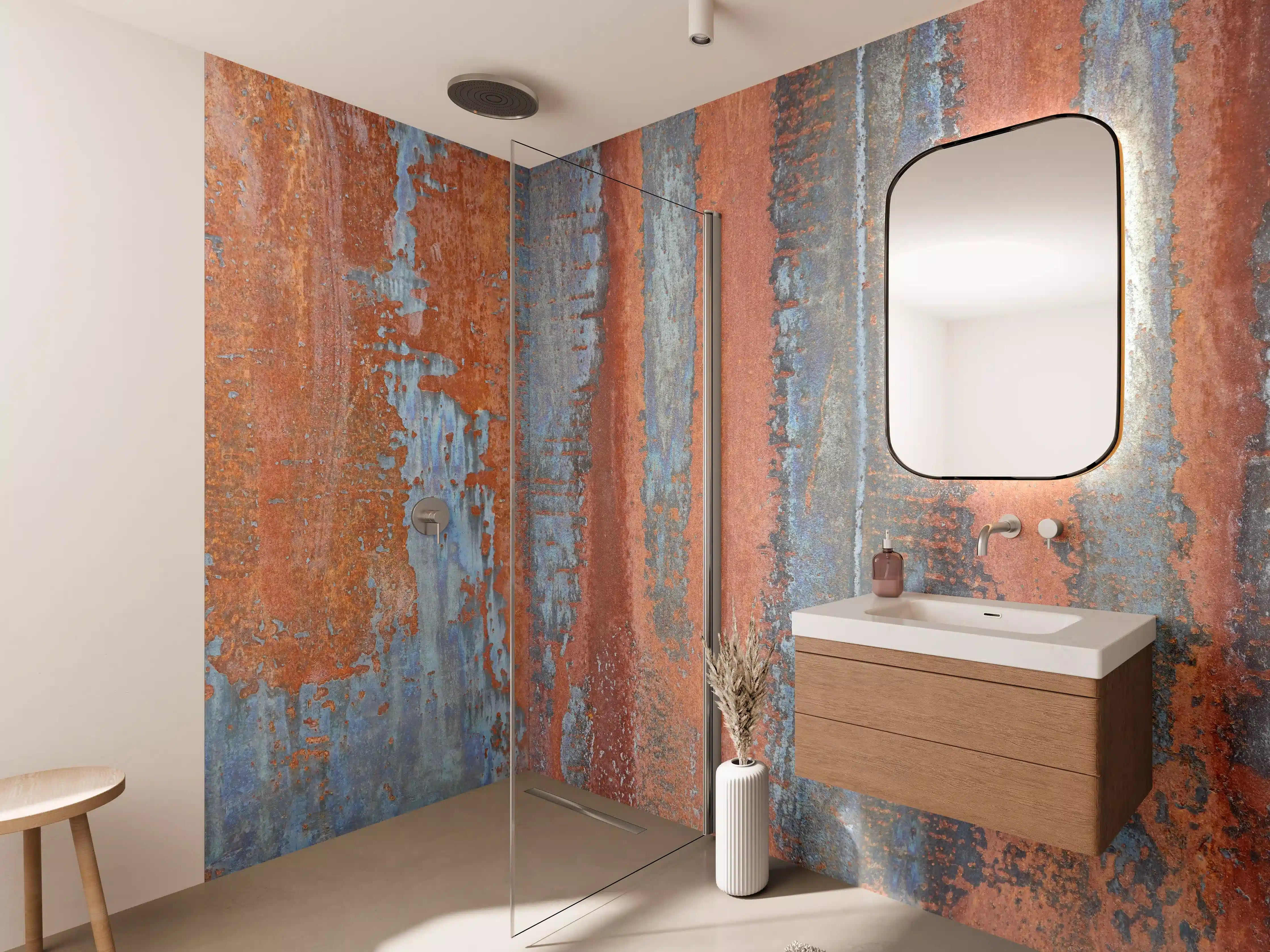 Wandverkleidung Bad - Rustikale Metall-Textur mit Blau- und Kupferakzenten